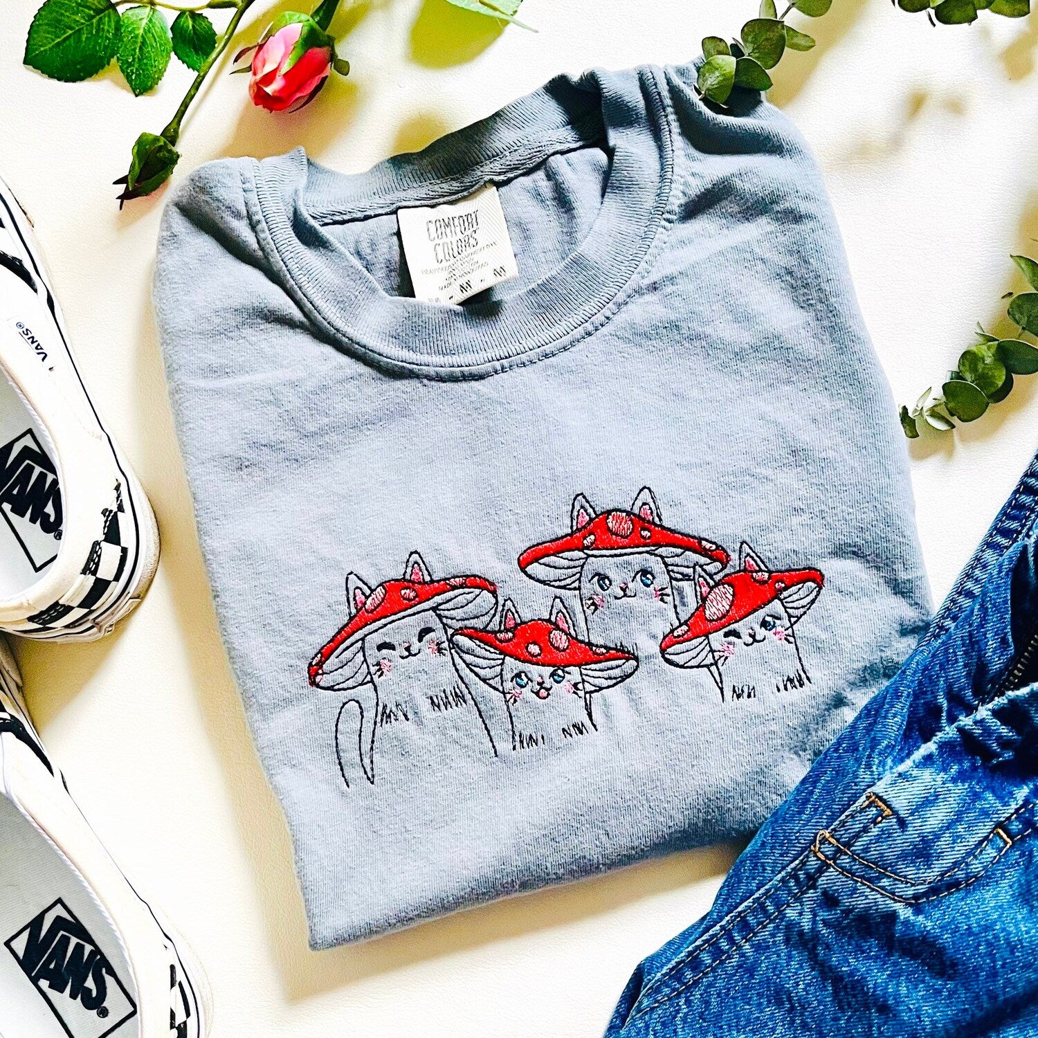 Mushroom Cat Embroidered Cotton Tee Cat Lover Gift