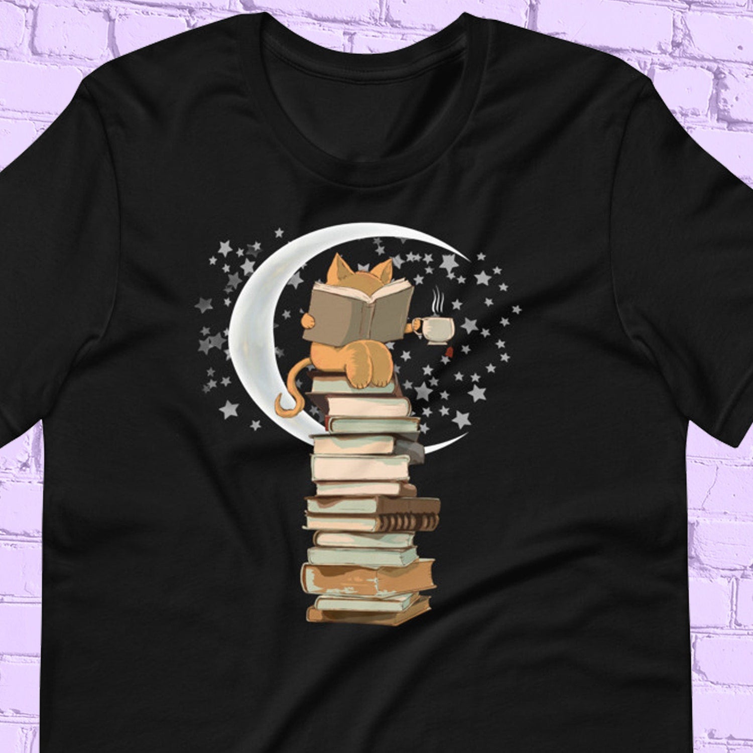 Reading by Moonlight T-Shirt, Cat Shirt, Kitten T-shirt, Gift for Cats Lover, Cat Mom Shirts, Cute Kitty in Pocket, cat mama shirts