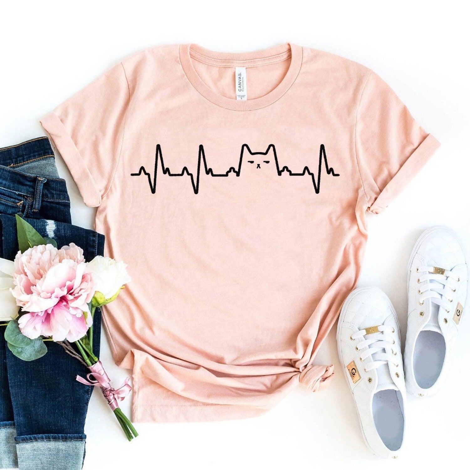 Cat Heartbeat T-shirt, Animal Shirt, Pet Owners Tee, Mama Gift, Valentines Shirts, Love Cat Top, Crazy Cat Lady Tee, Heart Rhythm Gift