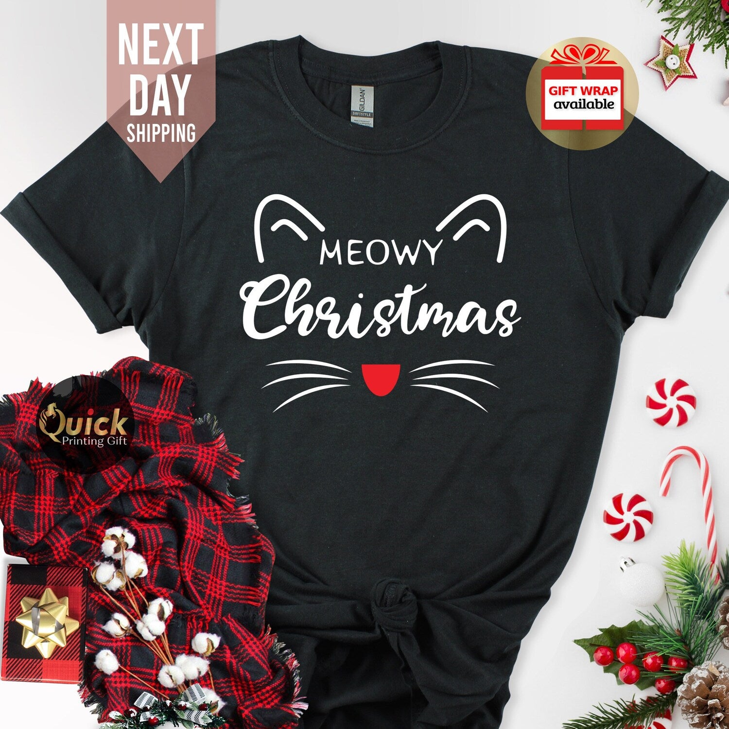 Meowy Christmas Cat T-Shirt: Funny Animal Lover Tee