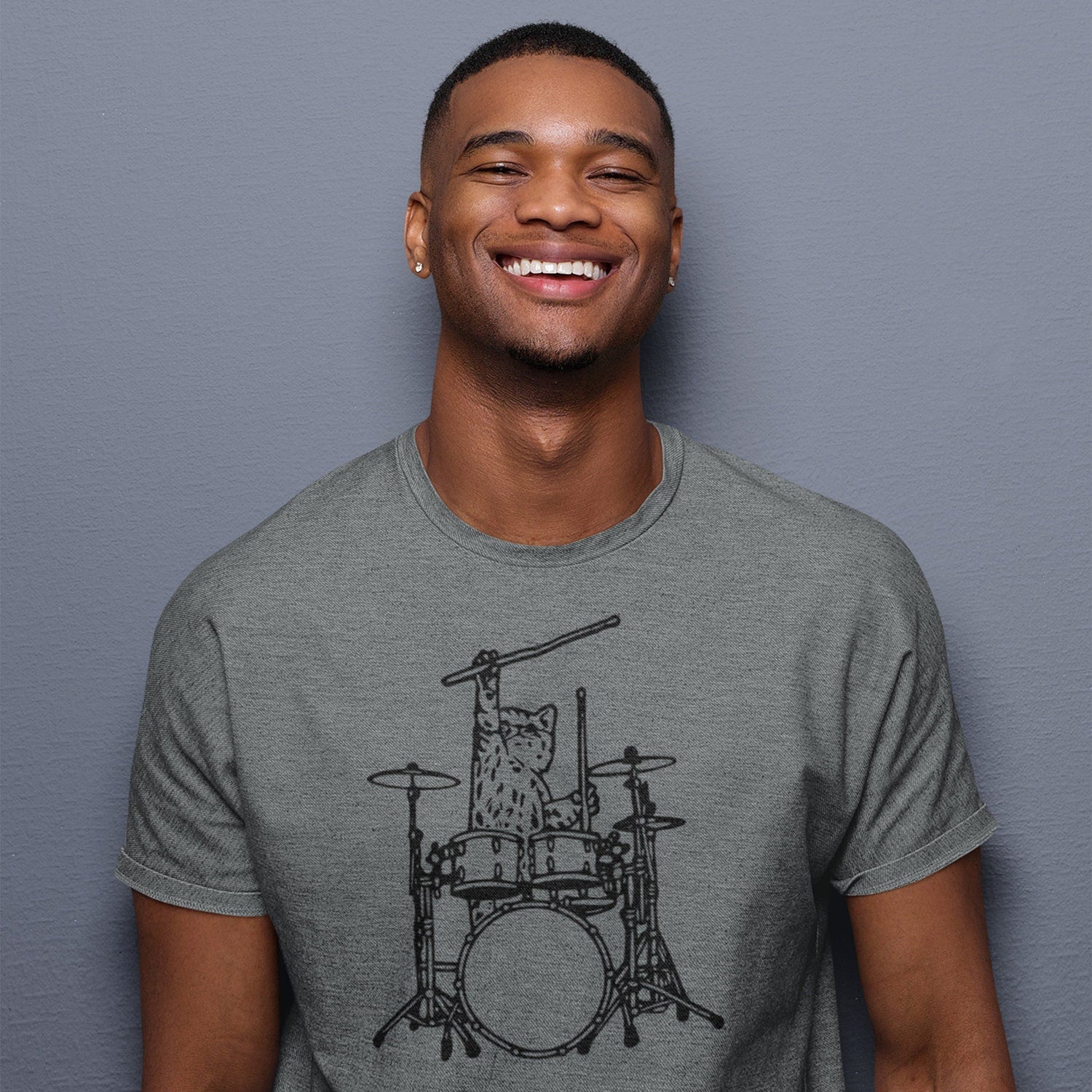Cute Cat Playing Drums Men T-Shirt Gift, Drummer Shirt Animal Lover Gift Drumming Shirt, Drummer Tee Drum Shirts, Music Gifts Mens Tshirt