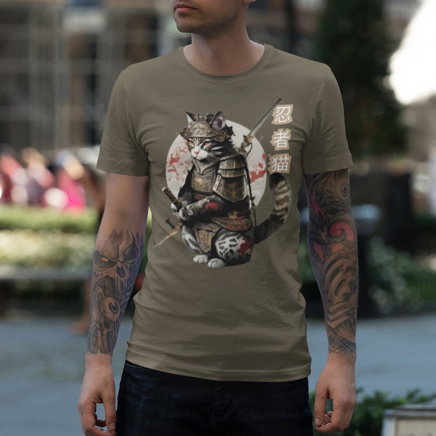 Japanese Ninja Cat T-Shirt | Samurai Kitten Tattoo Style Tee | Anime Cat Graphic