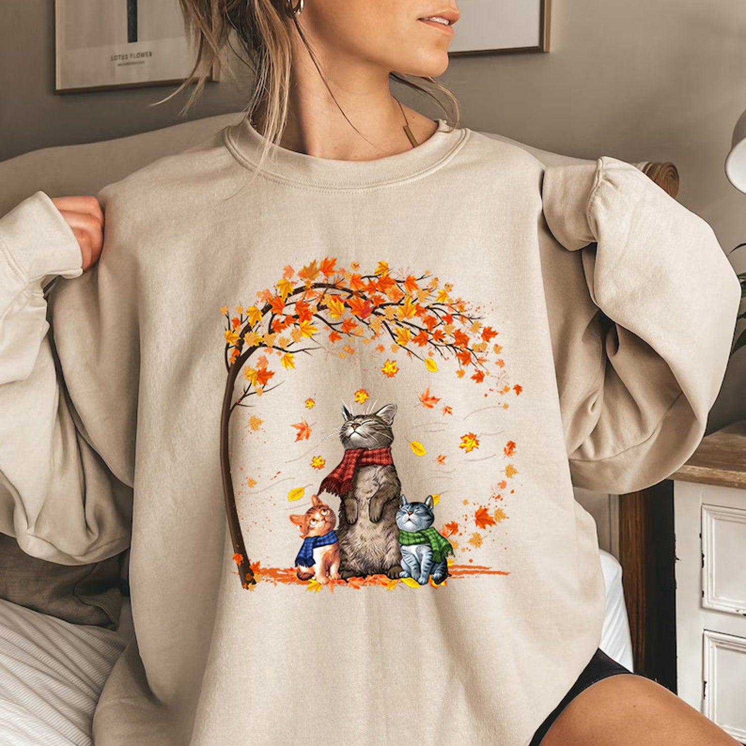 Cats Autumn Fall Shirt, Funny Thanksgiving Cat Lovers T-Shirt, Cat Fall Leaves Tree T-Shirt Pumpkin Spice
