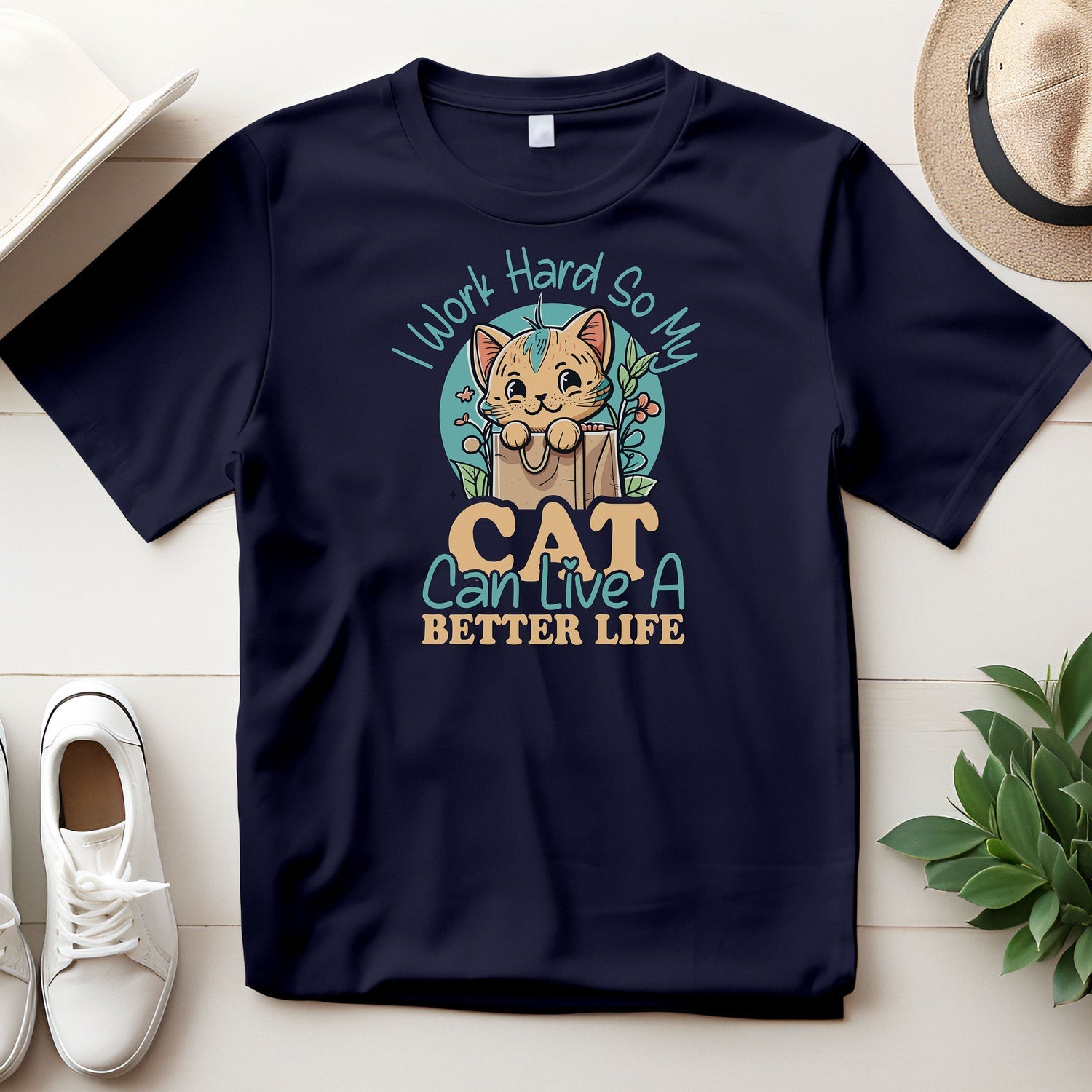 Funny Cat Lover T-Shirt, I Work Hard For My Cat Graphic Tee, Cute Pet Owner Gift Shirt