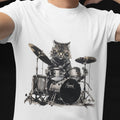 Rock 'n' Roll Cat Drummer T-Shirt: Funny Linocut Design