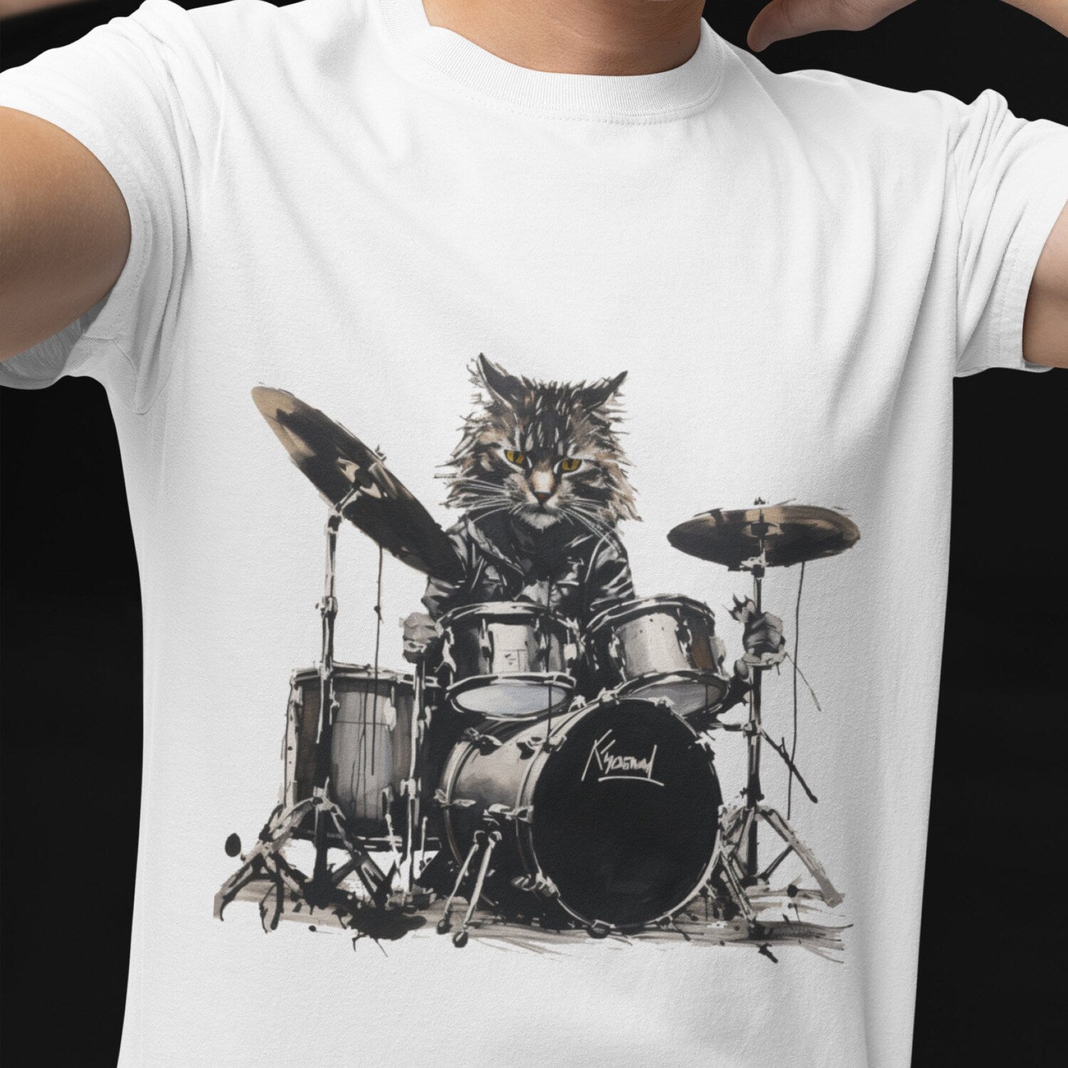 Rock 'n' Roll Cat Drummer T-Shirt: Funny Linocut Design