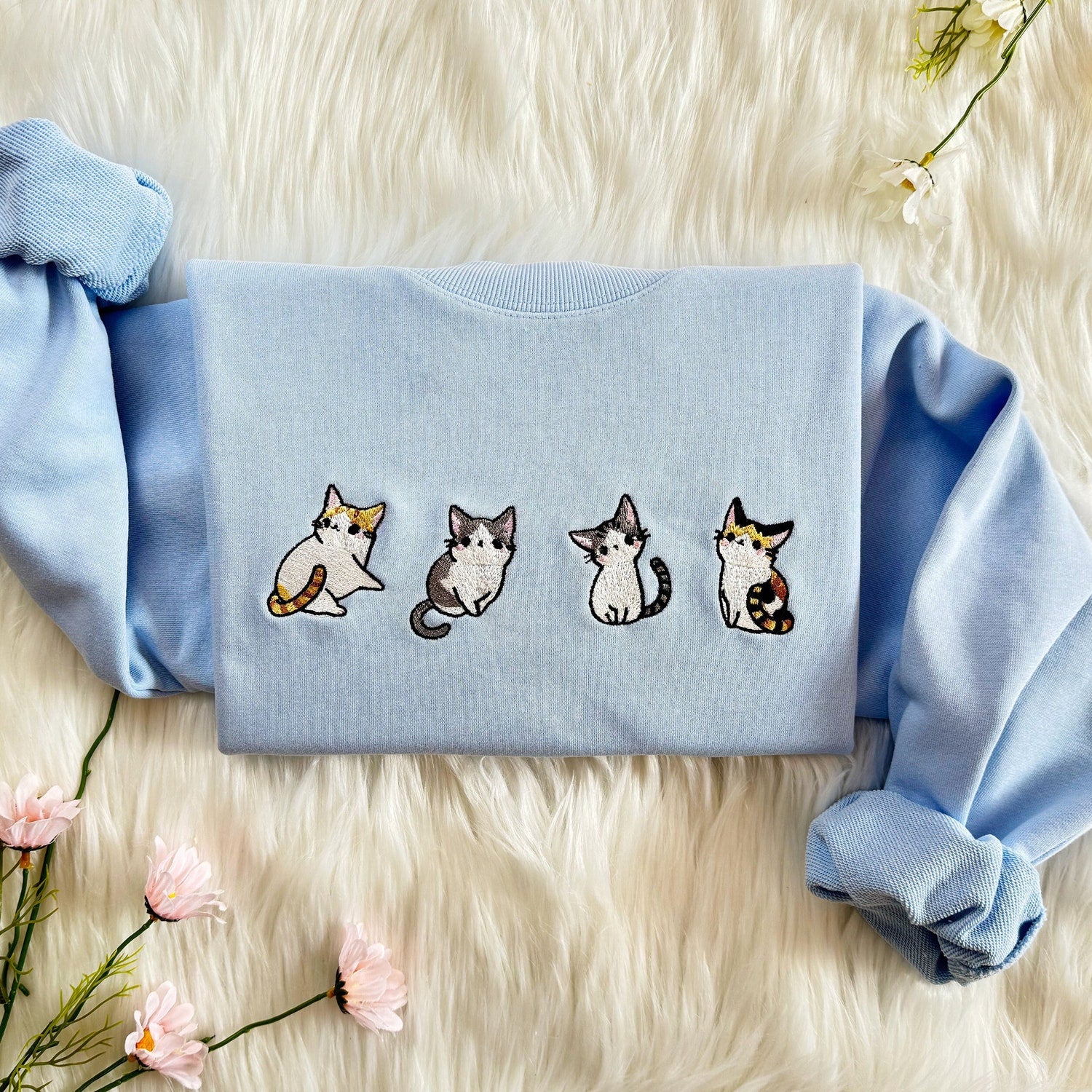Four Cute Cats Embroidered Sweatshirt | Cute Cartoon Cats Embroidered Hoodie | Cat Lover T-shirt| Cute Embroidered Cats Crew Neck Sweatshirt