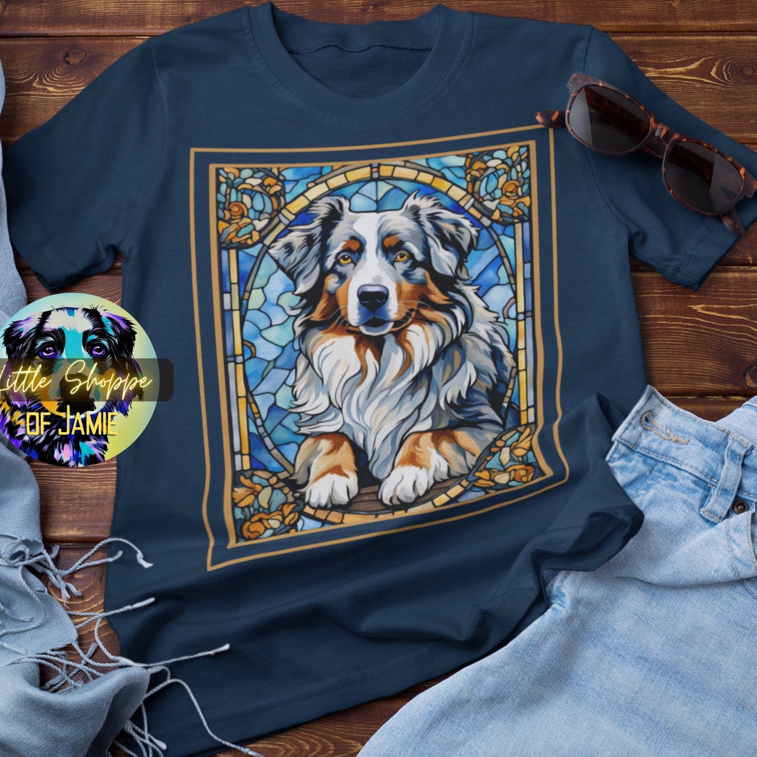 Australian Shepherd Stained Glass graphic tee shirt Blue Merle Aussie mama gifts art nouveau stained glass Aussie dog gifts dog mom t-shirts