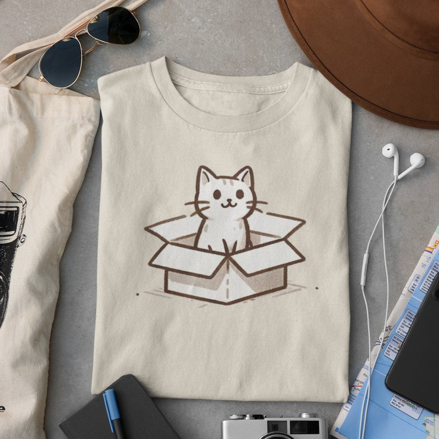 Cardboard Cat Shirt â Minimalist Funny Cat Tee â Cute Cat Mom Gift â Quirky Cat Lover T-Shirt with Box Design