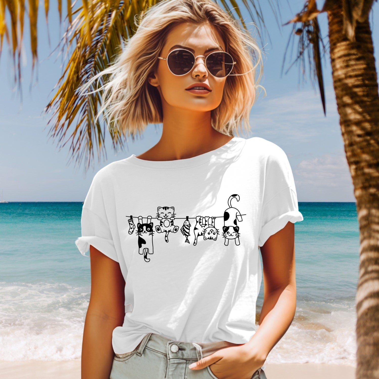 Cat Lover T-Shirt - Funny Hanging Cats Laundry Graphic Tee Gift