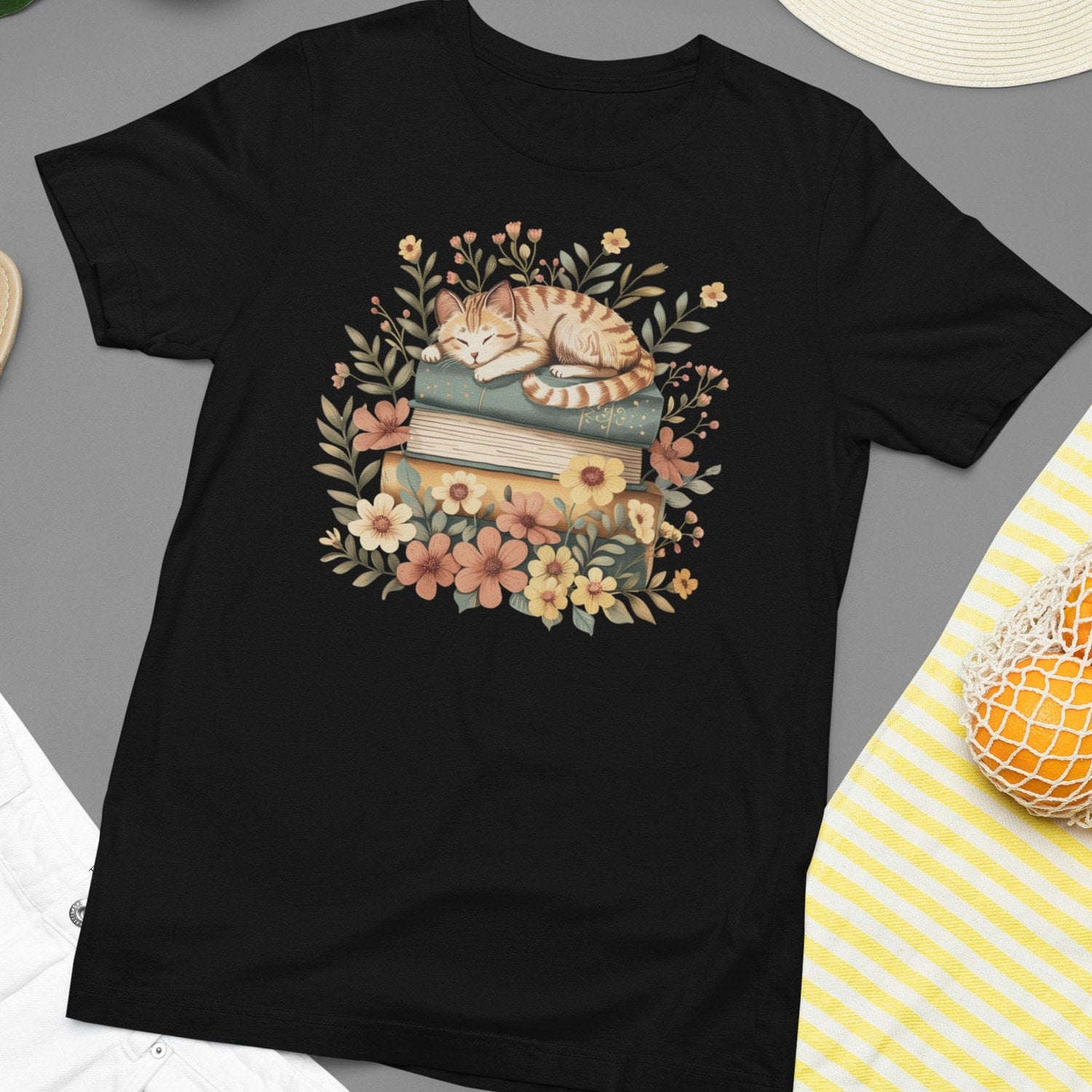 Sleeping Cat Reading Shirt â Cozy Book Lover T-Shirt with Flowers â Cute Cat Tee for Girls, Kids & Readers â Gift for Cat Moms