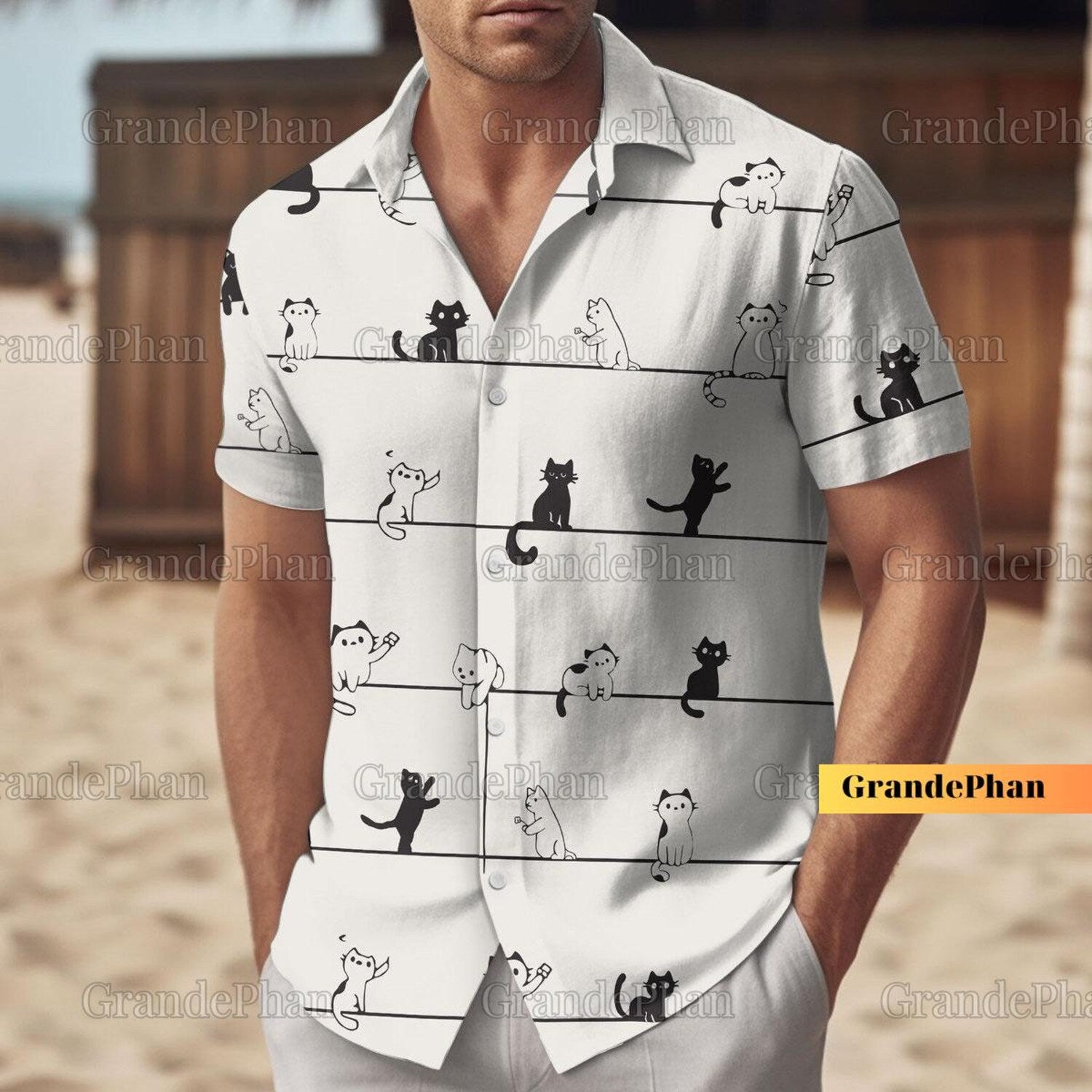 Black Cat Button Shirt Beach Meme Men Gift Owner