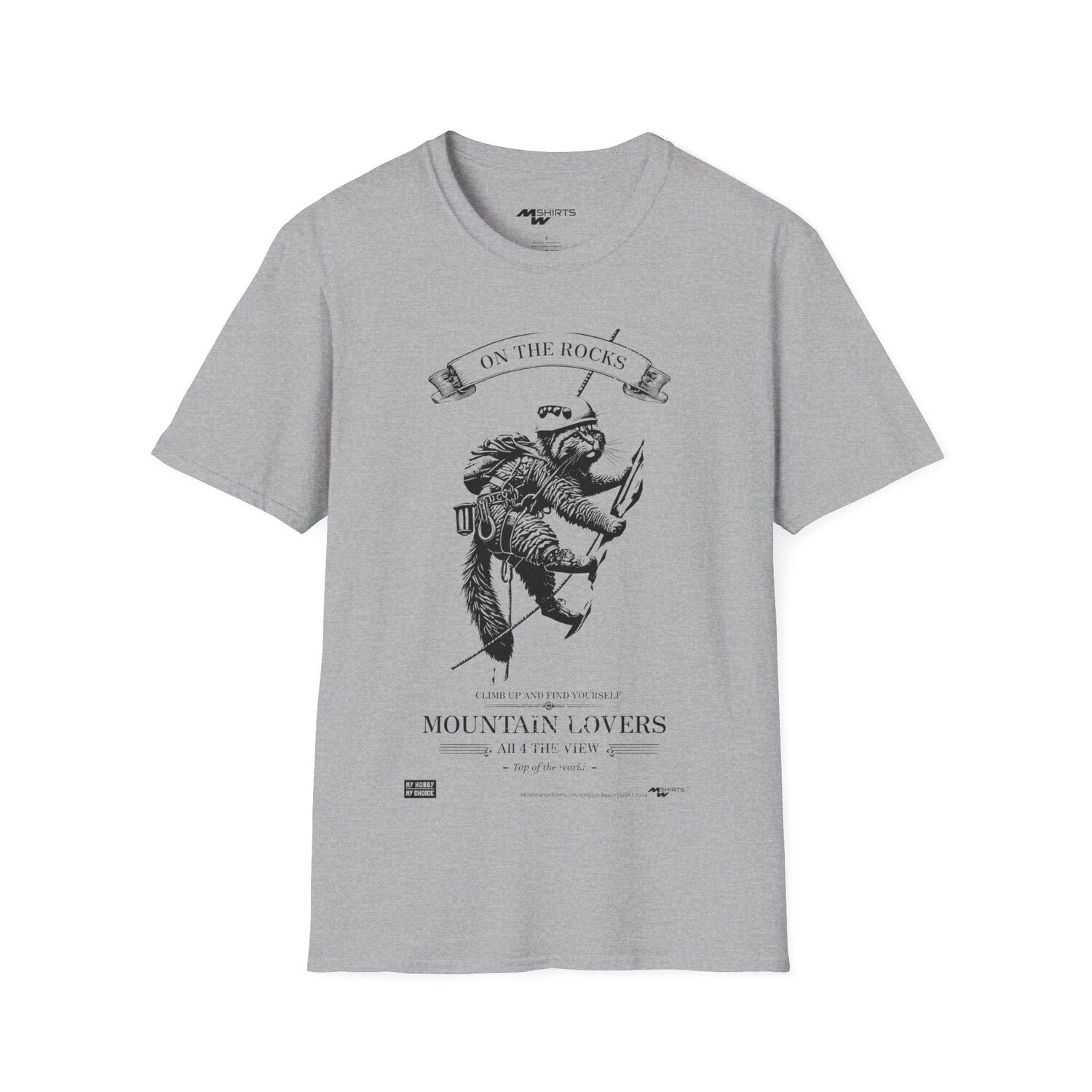 ON THE ROCKS Climbing Cat T-Shirt, Alpinist Style Softstyle Tee, Adventure Cat Lover Gift