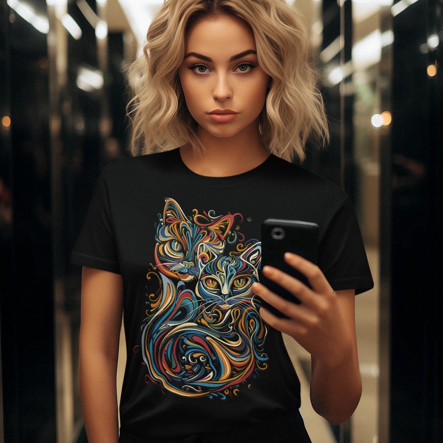 Cat Art T-shirt - Abstract Cute Cat Mom Tee, Animal Lover Gift