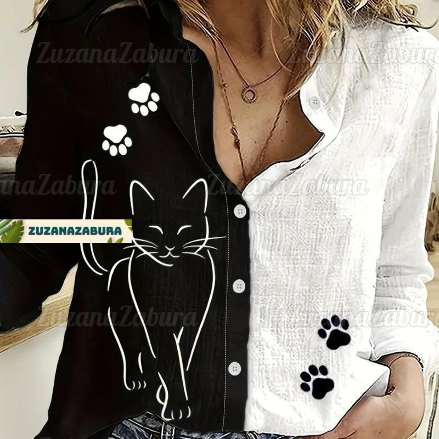 Cat Linen-Look Shirt - Funny Cat Lover Gift, Cute Cat Mom Pet Owner Blouse