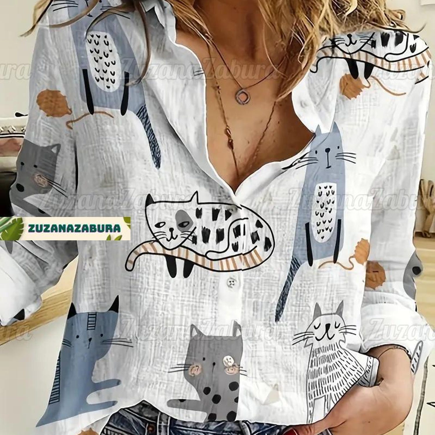 Cat Linen-Look Shirt, Cat Shirt Women, Cat Lover Gift, Cat Lover Shirt, Cat Blouse Women Shirt, Cat Linen Clothing, Gift For Her