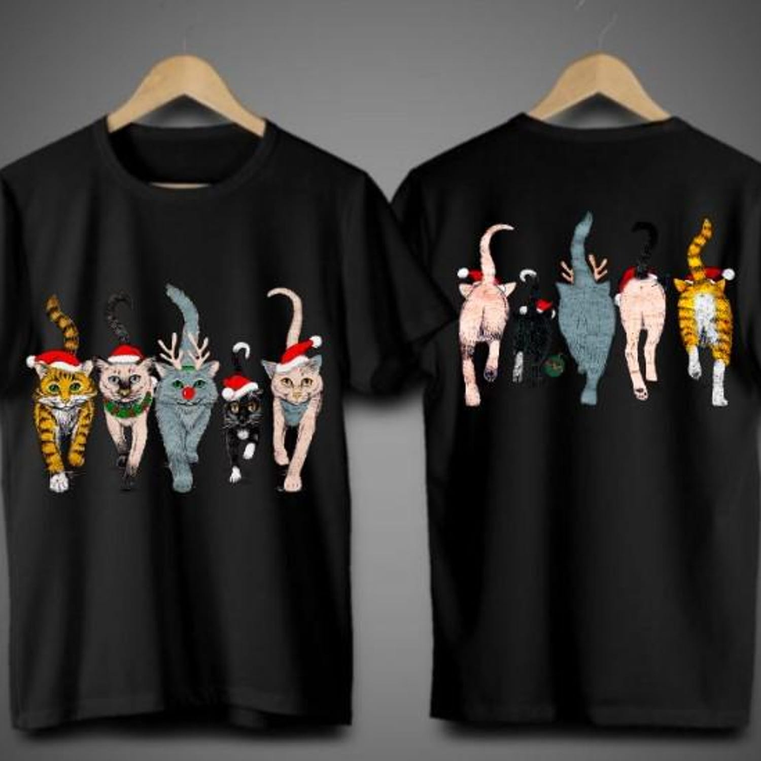 Funny Cats With Christmas Hats Unisex T Shirt, Printed on Two Sides, Gift For Cat  Lovers, T Shirt For Men Women, For Youth And Toddler,