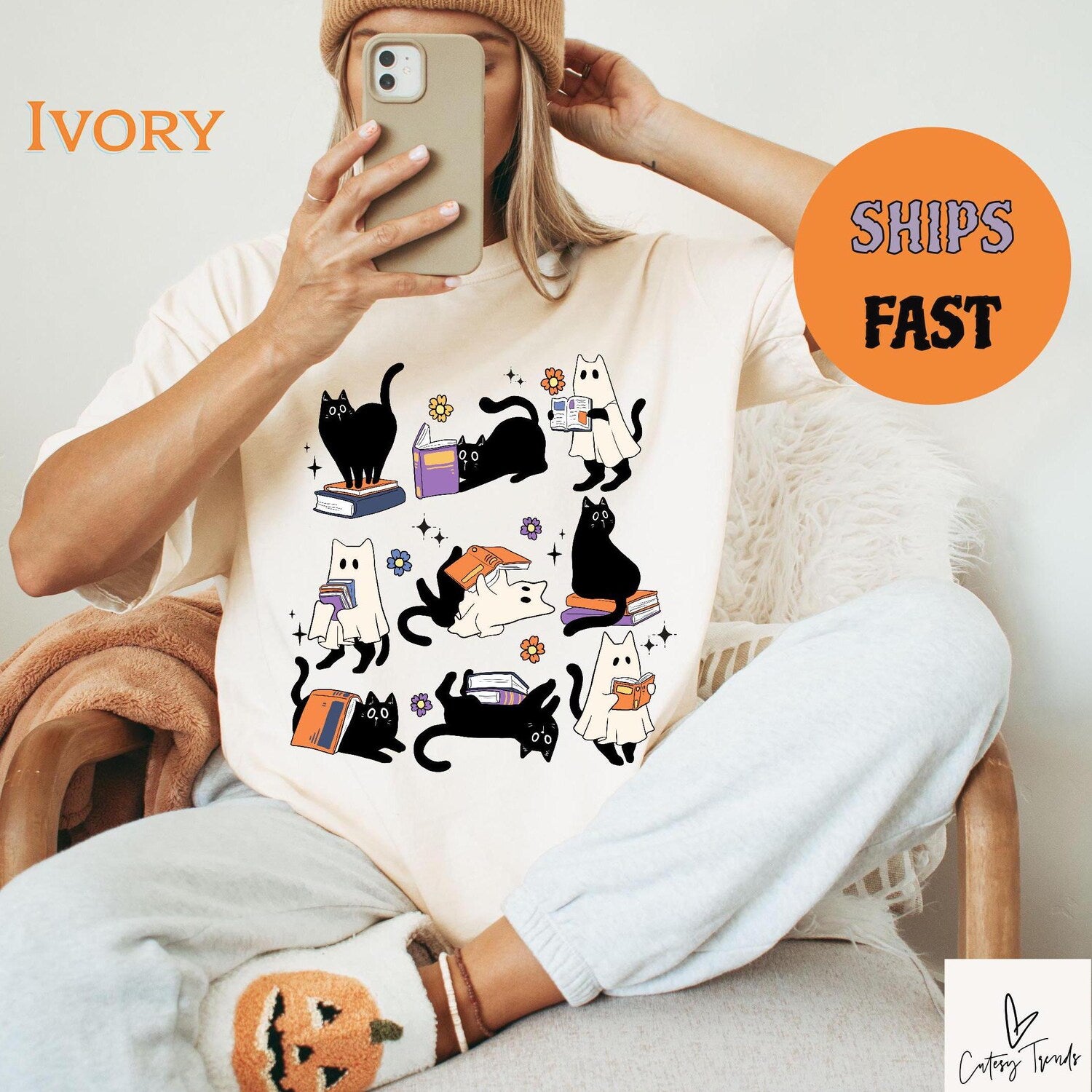 Ghost Black Cat Reading Shirt | Halloween Book Lover Tee | Gift for Librarians