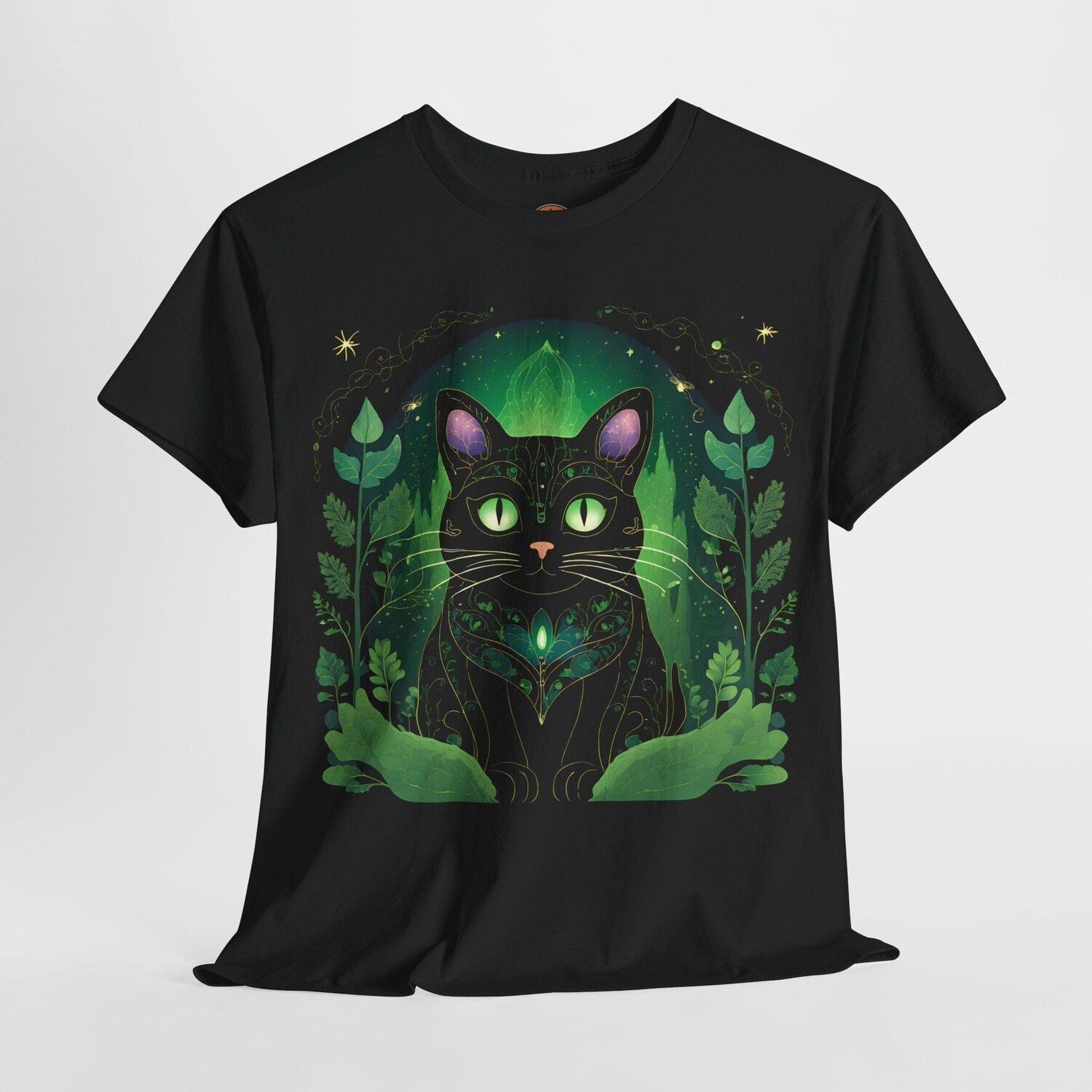 Mystical Forest Nature Cat Unisex Tee | Spiritual Heavy Cotton Graphic Shirt | Cozy Nature Apparel