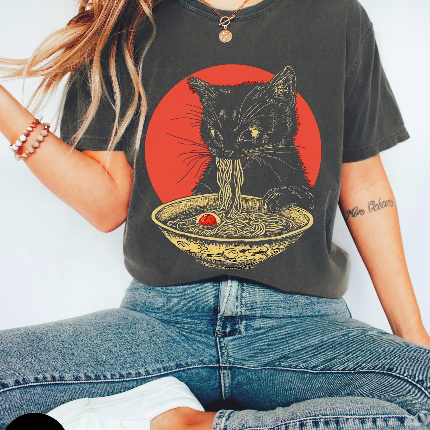 Black Cat T-Shirt, Cat Lover Gift, Ramen Kawaii Shirt, Alt Clothing, Anime Cat, Japanese, Foodies Shirt, Ramen Lover, Kitty Tee gift