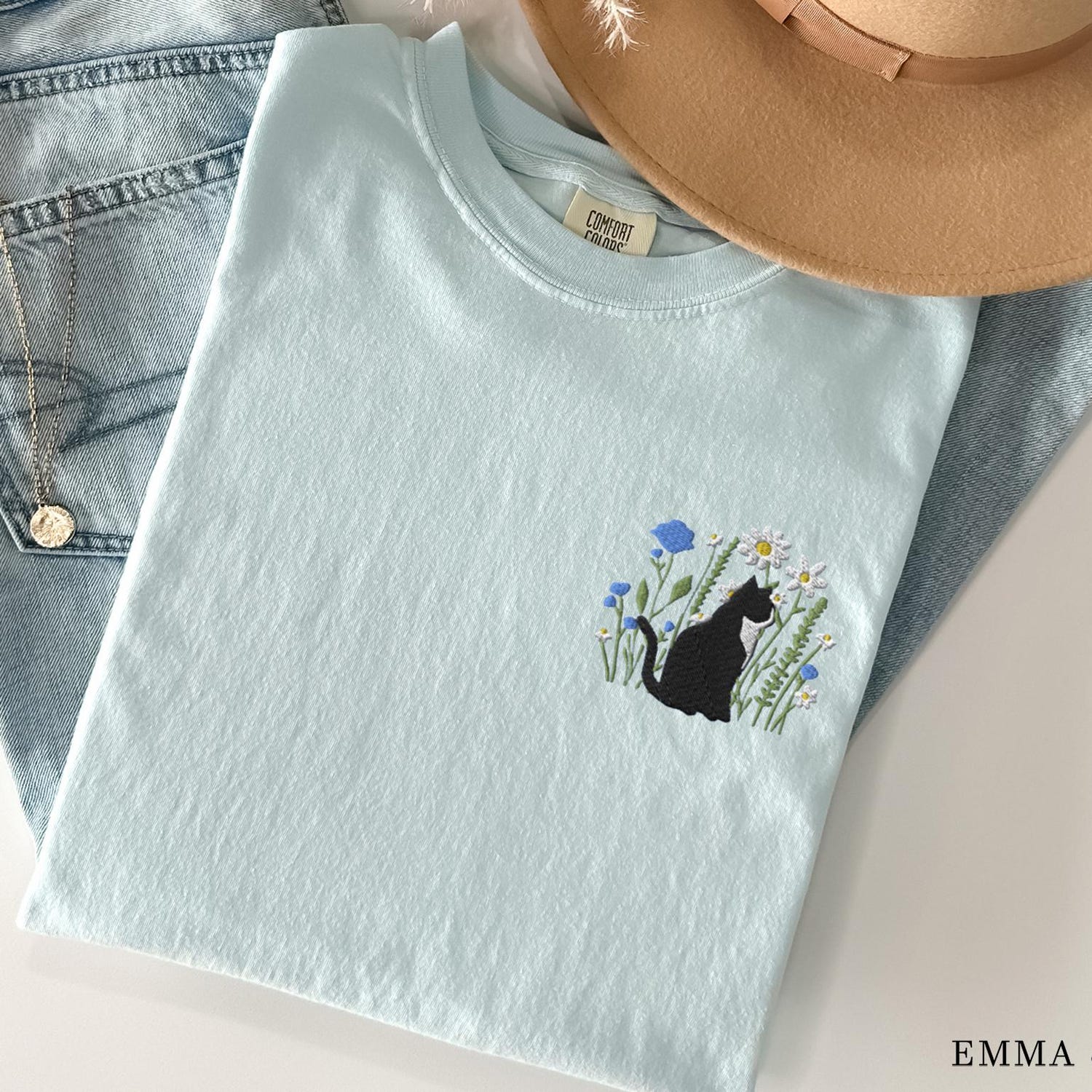 Embroidered Cat Shirt, Black Cat Shirt, Gift for Cat Lover, Cat Mom Shirt, Floral Cat Shirt, Cat Lover T-shirt, Cat Tee, Oversized Shirt