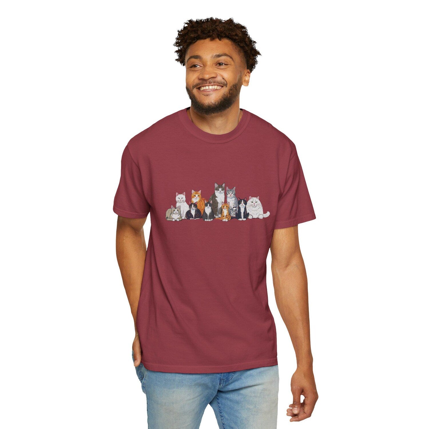 Jade's Cat T-Shirt Cartoonized - FROM TV Show Prop Wardrobe Fan Art - Group of Cats on Dark Red Tee, Unisex Garment-Dyed Tee, Cat Lover Gift