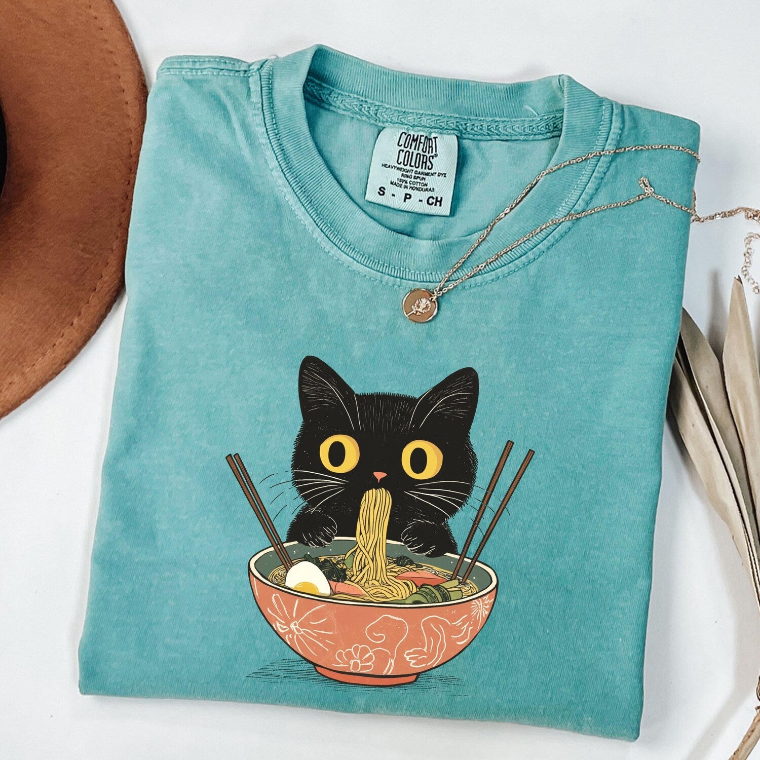 Comfort ColorsÂ® Noodle Cat Shirt,Ramen Cat Shirt, Foodie Lover Gift, Black Cat Noodle Graphic Tee, Retro Black Cat Lover Tee,Ramen Cat Shirt