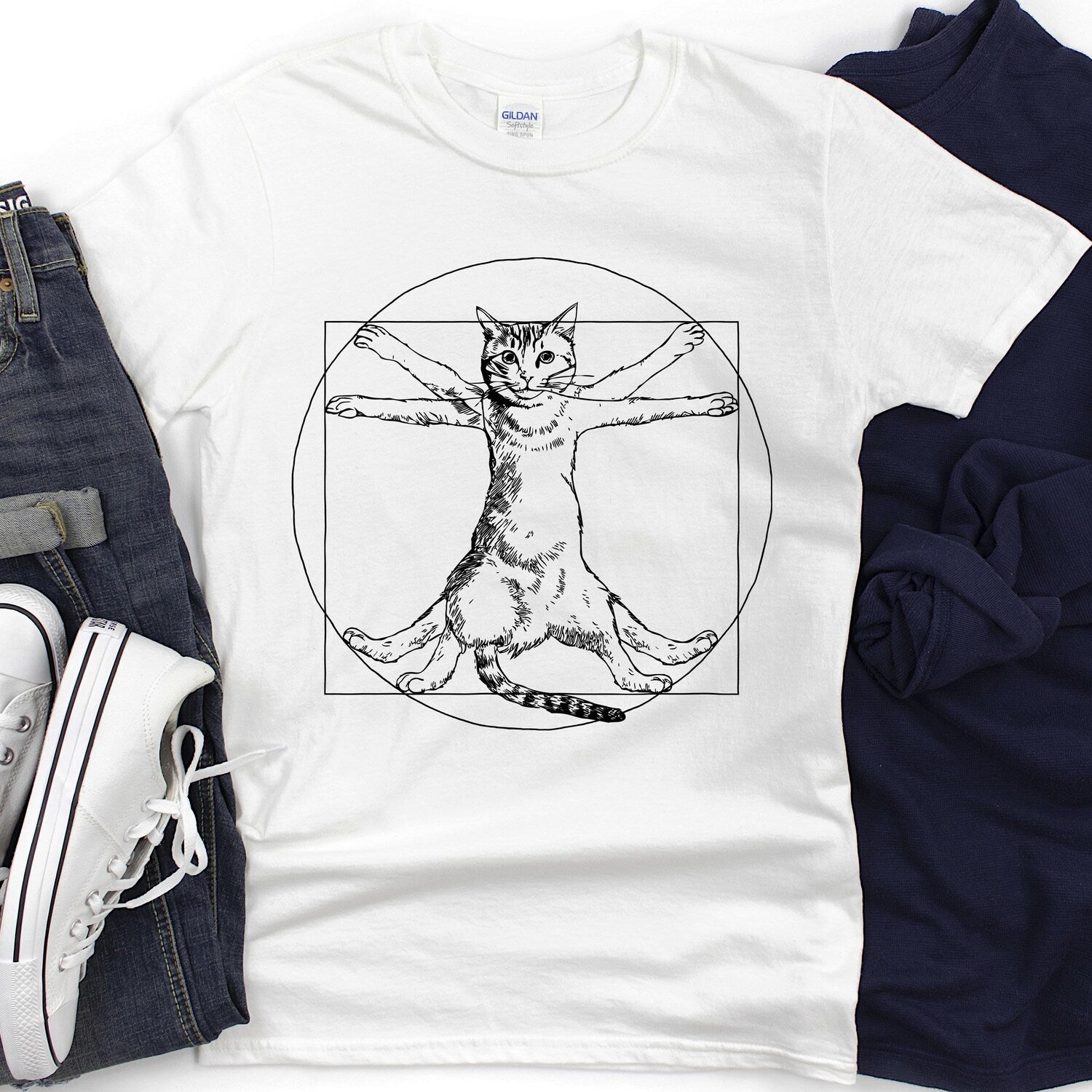 Cat Vitruvian Style Unisex T-Shirt, Leonardo Da Vinci Inspired Tee, Cat Lover Gift, Feline Art Shirt, Animal Graphic Tee, Funny Cat Shirt