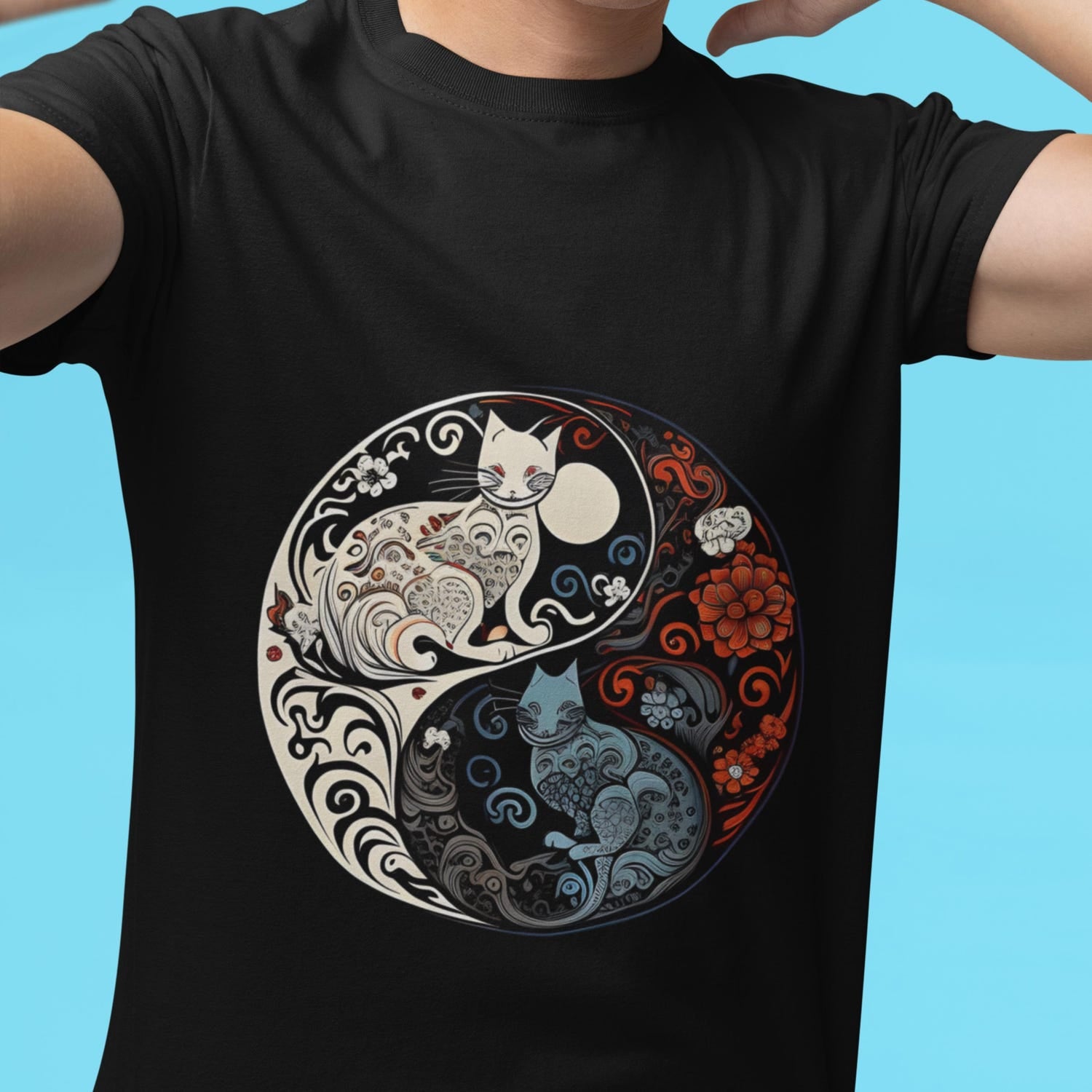 Yin Yang Cat T-Shirt: Intricate Design, Unisex Cotton Tee