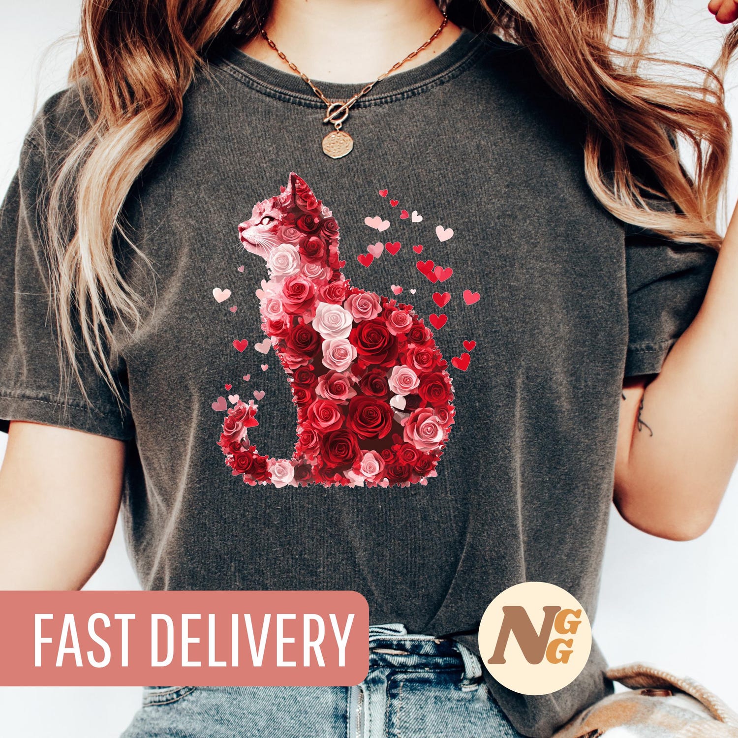 Floral Heart Cat Valentine Tshirt Cute Romantic Gift Her