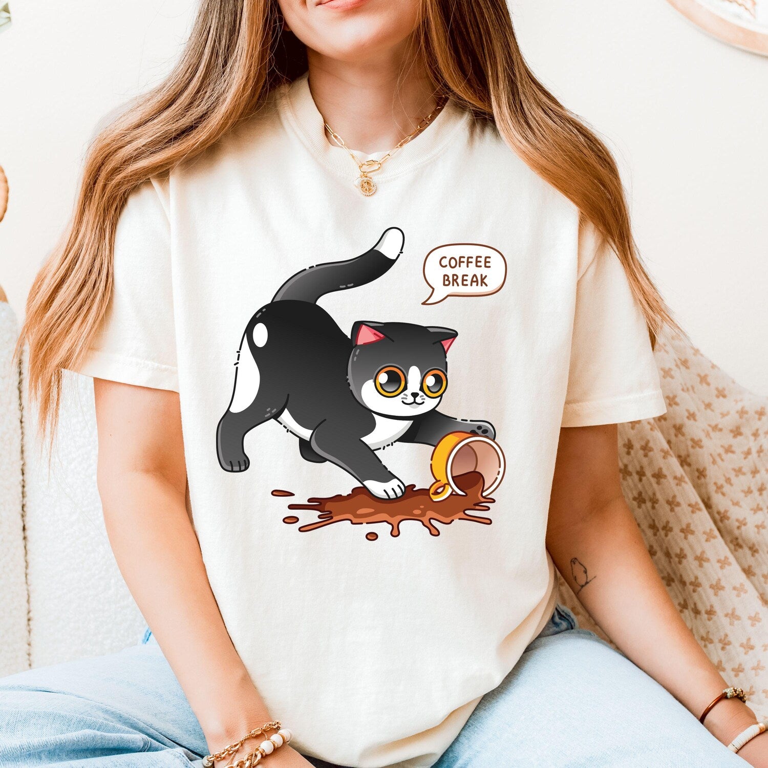 Funny Cat Coffee Break Shirt - Comfort Colors Graphic Tee for Coffee Lovers
