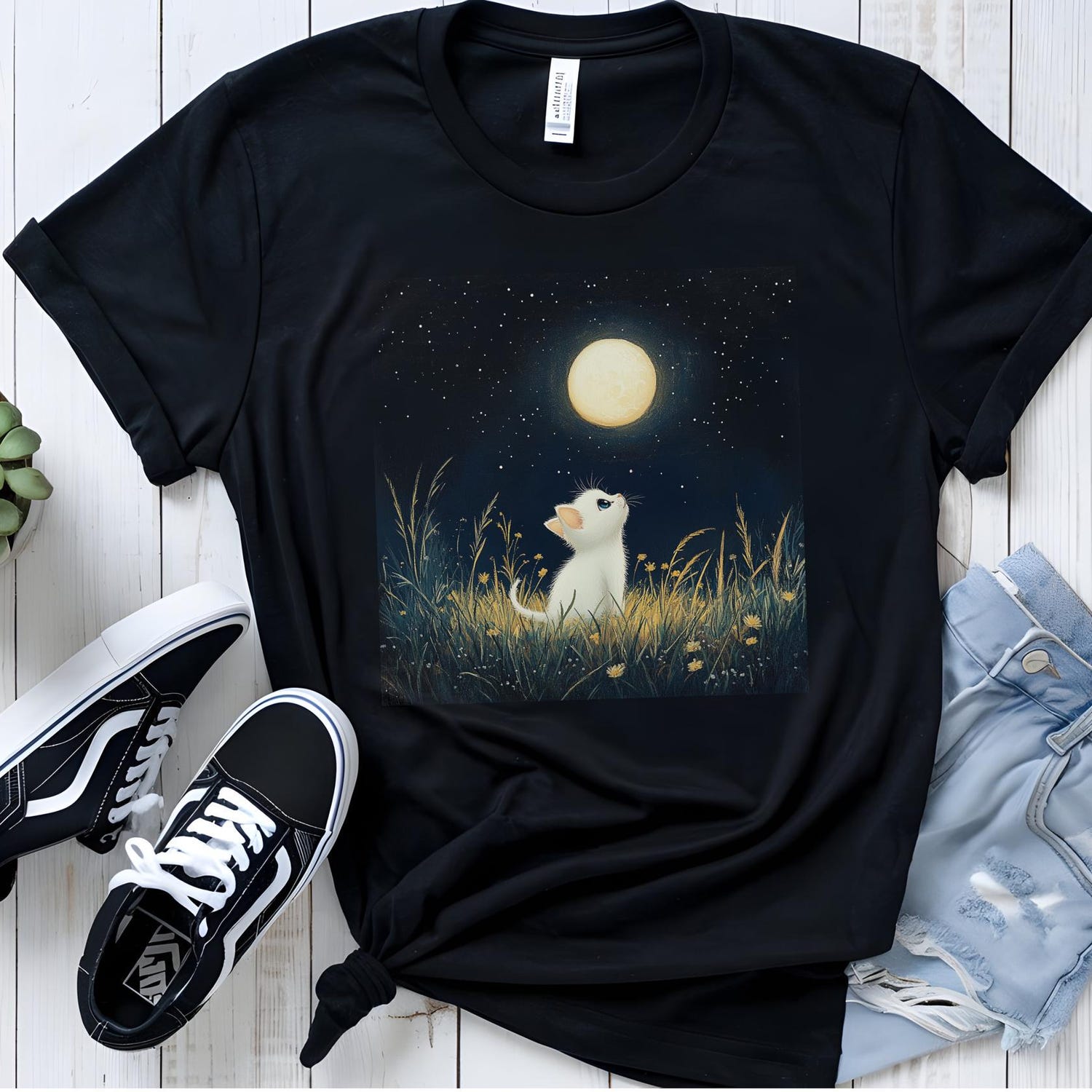 Retro Kitten Moon Graphic Tee, Distressed Cat Lover T-Shirt, Vintage Celestial Cat Gift