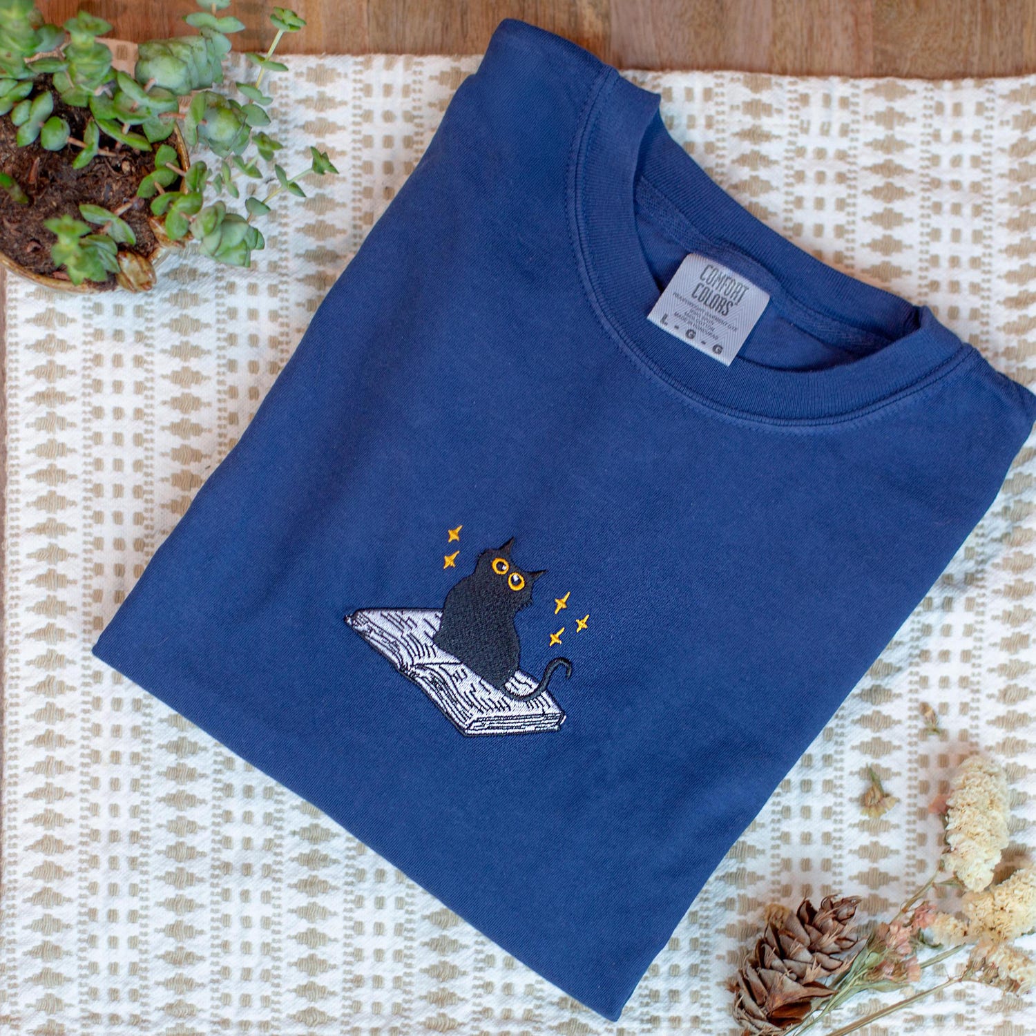 Cute Cat Book Embroidered Shirt | Book Lover Comfort Colors Tee | Gift for Cat Mom