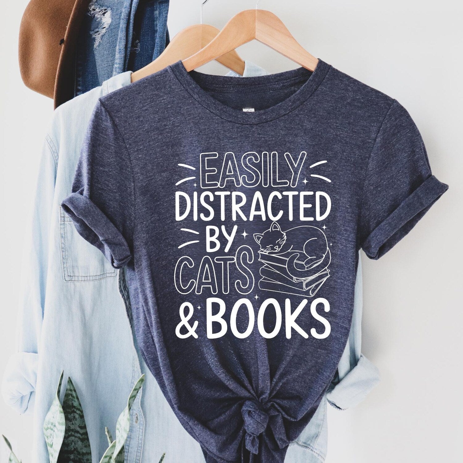 Easily Distracted By Cats And Books Shirt, Book Lover Gift, Funny Cat Shirt, Cat Lover Shirt, Trendy Shirt, Reader T-Shirt, Cats and Books