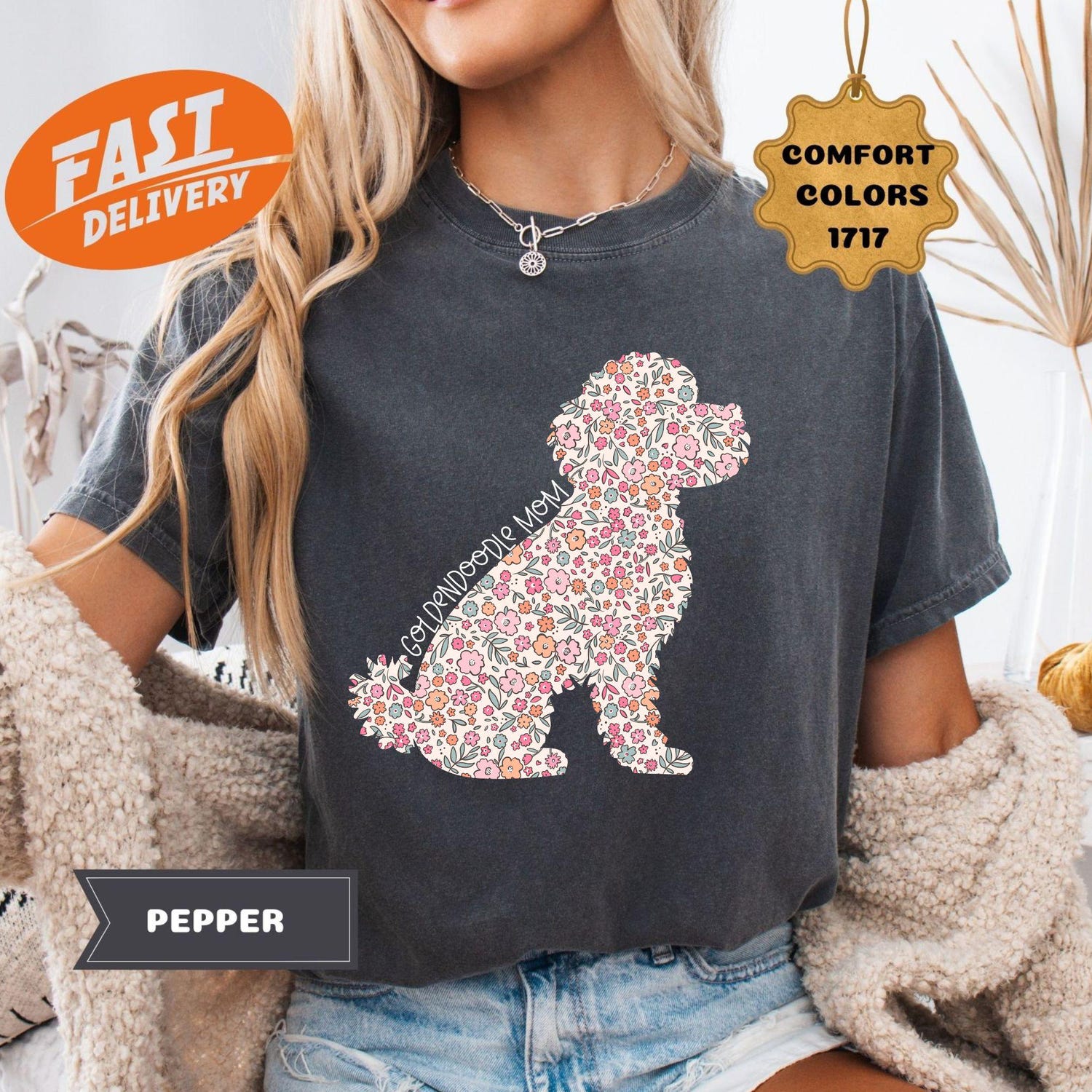 Comfort Colors Floral Golden Doodle Mom T-Shirt