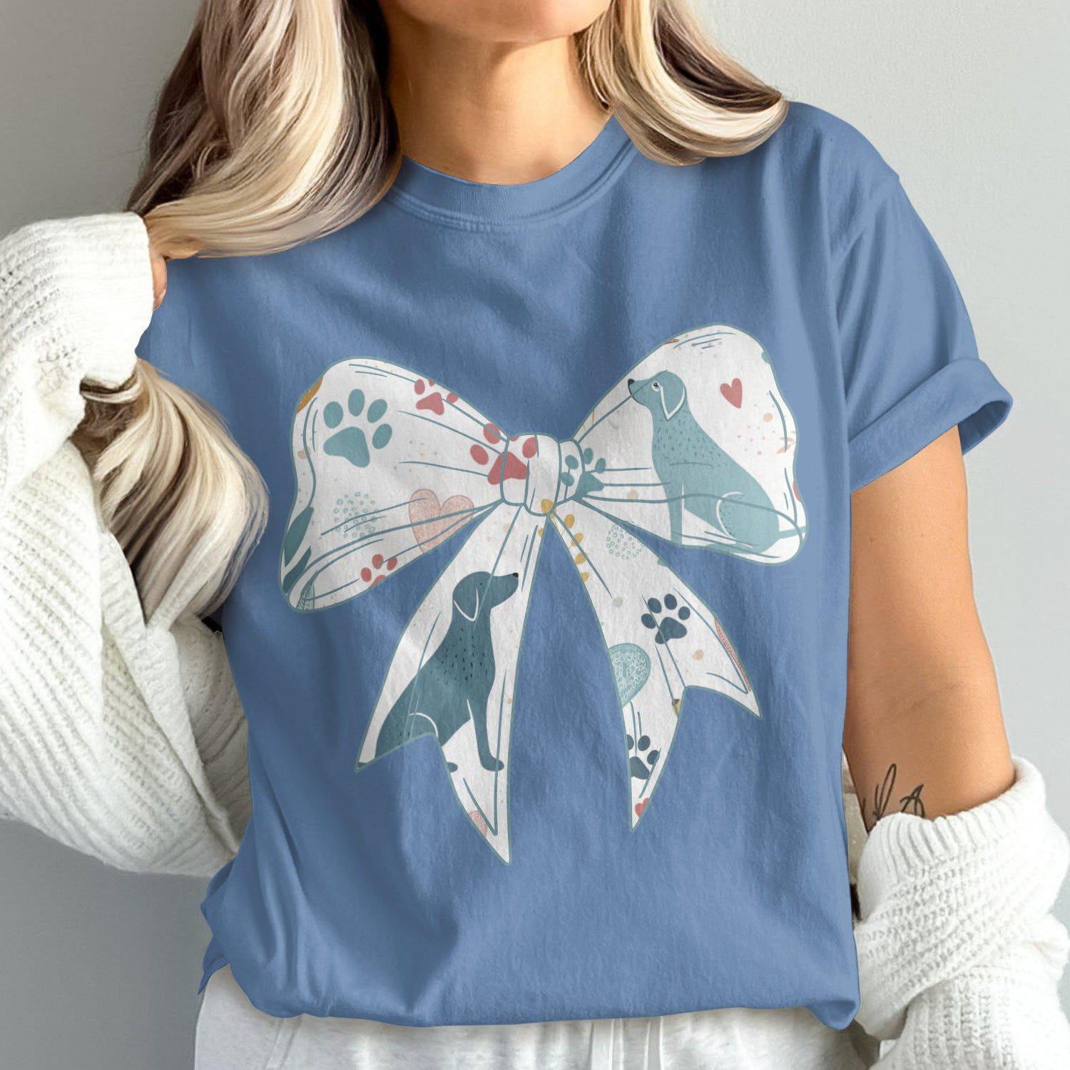 Comfort Colors Dog Mom T-Shirt: Coquette Bow, Dog Paw Print