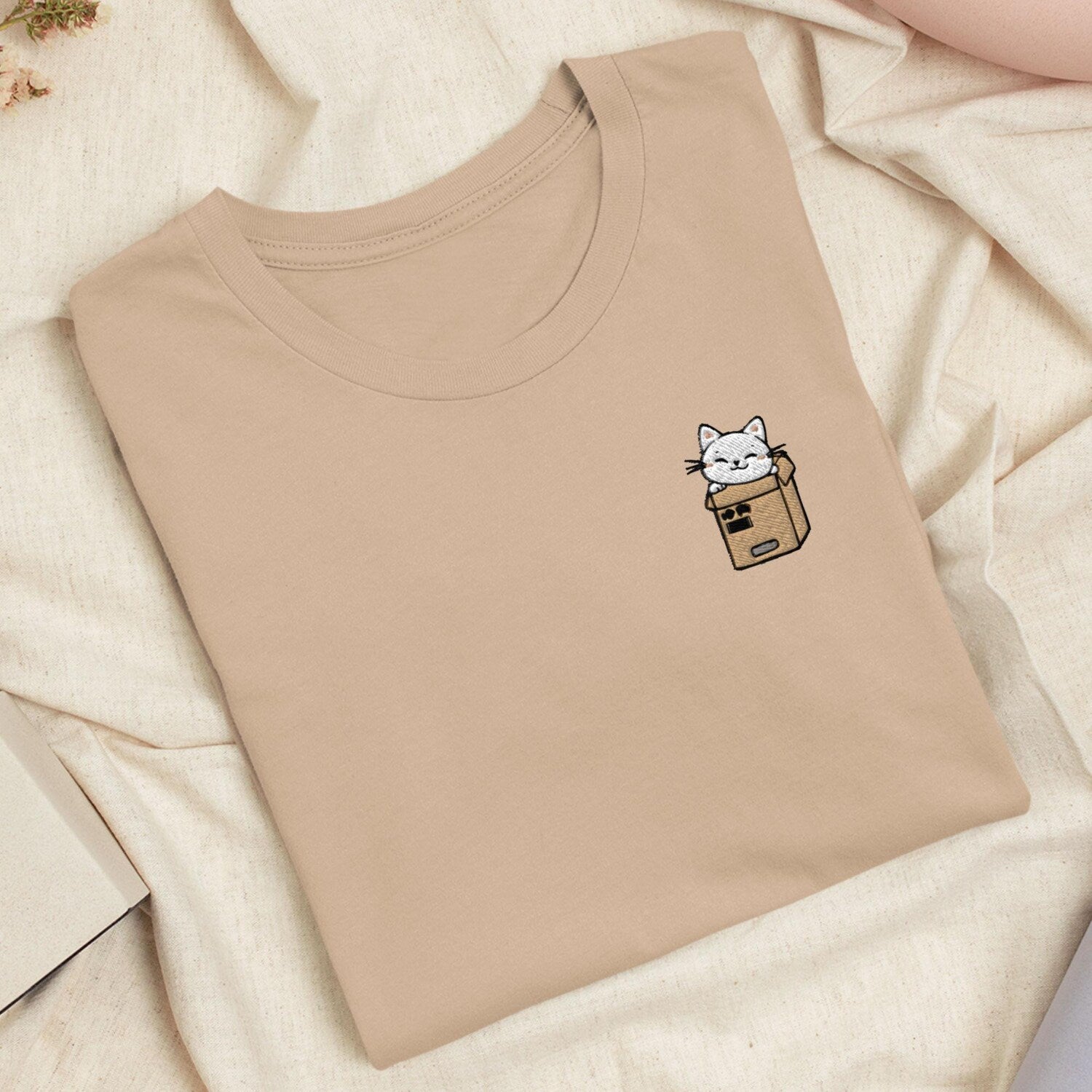 Cute Cat in a Box Embroidered T-Shirt: Lightweight Cotton, Unisex Fit