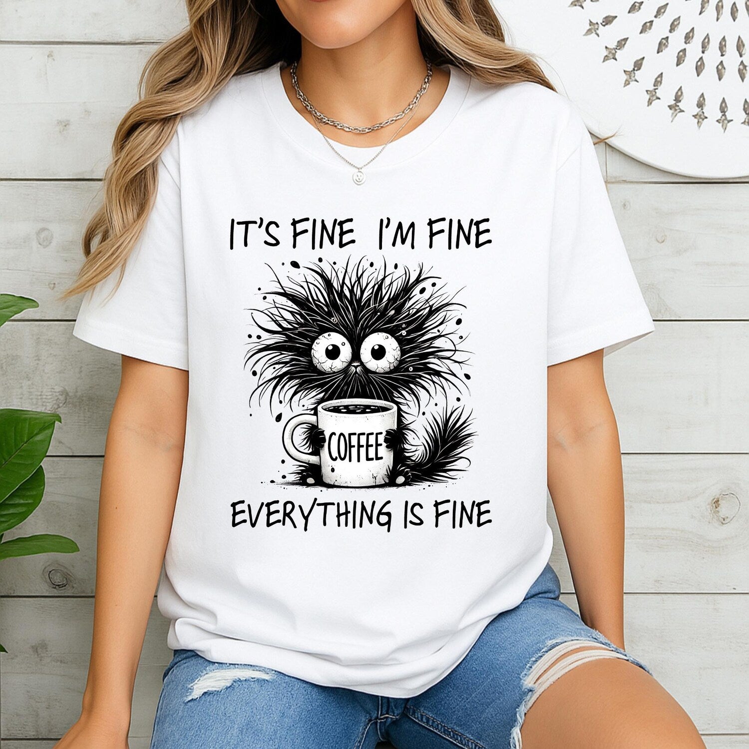 It's Fine I'm Fine Everything Is Fine Shirt, Cute Black Cat Tee, Sarcastic Cat Lover Gift Shirt