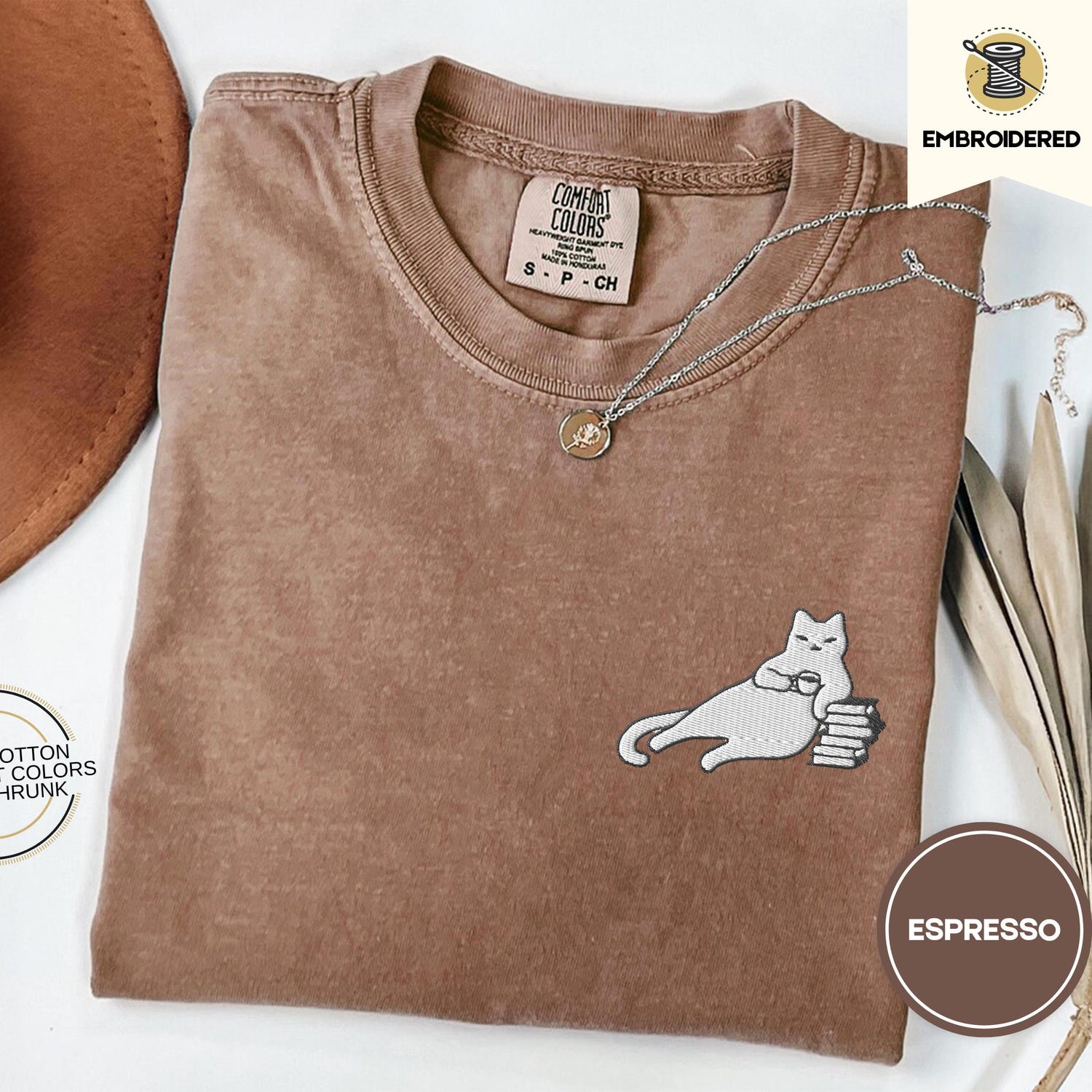 Cats, Coffee, and Books Swaggy Embroidered Cat, Comfort Colors Tee, Kitty Just Be Chilling Gift for Readers, Funny Shirt