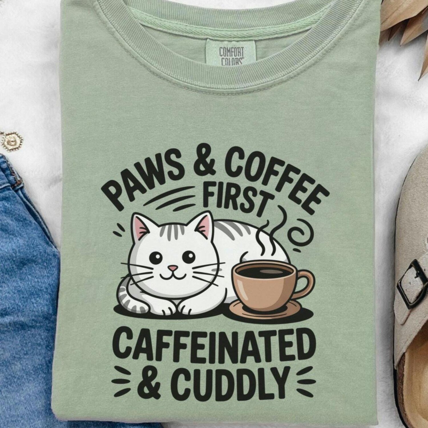 Coffee and Cat TShirt Gift For Mom Cute Cat Lover T-Shirt Caffeine and Pet Shirt Funny Coffee Tee Cozy Aesthetic Present for Cat Moms & Dads