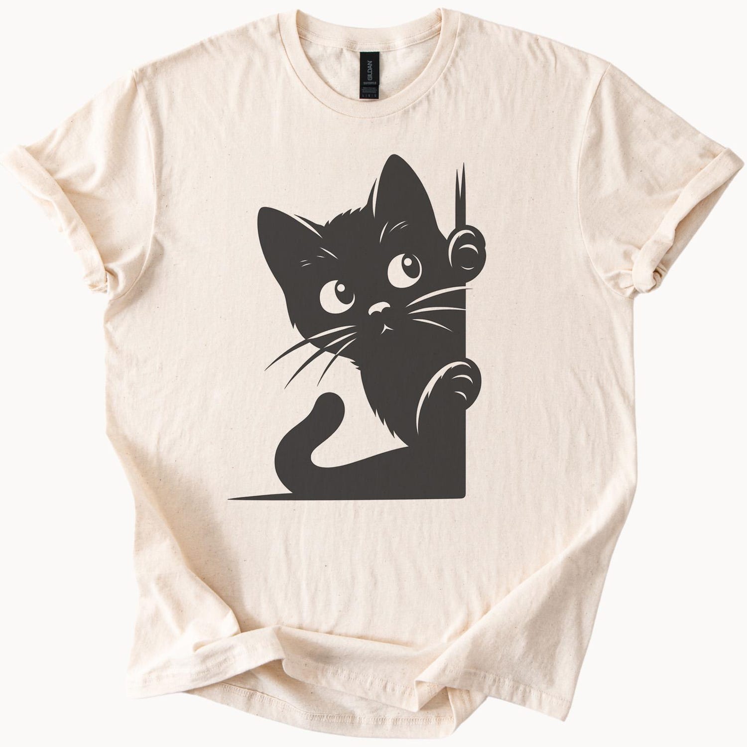 Cute Black Cat Peeking Around Corner Graphic Tee Playful Cartoon Kitten Shirt Funny Animal Art Unisex Casual Cat Lover T Shirt
