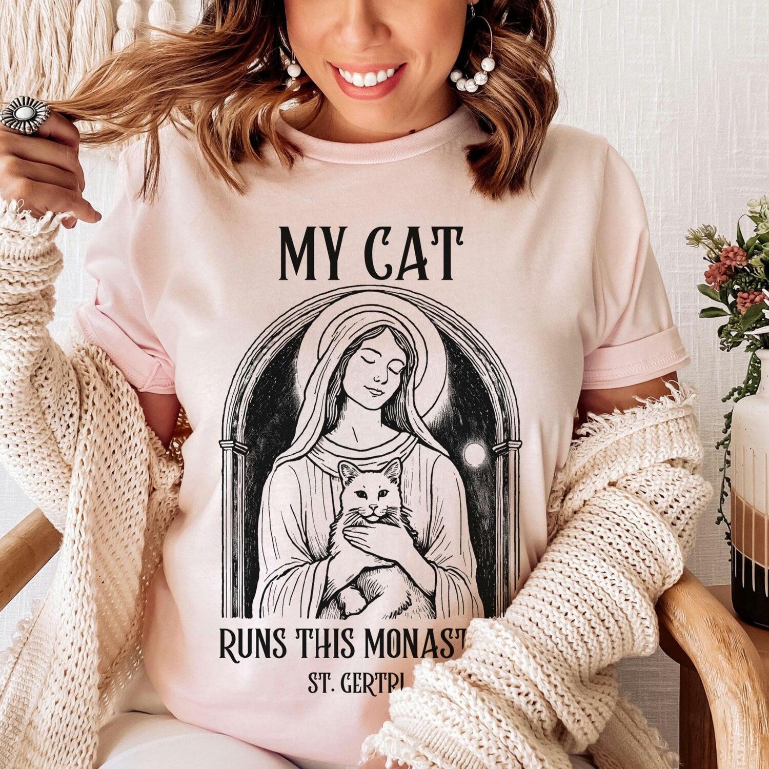 St. Gertrude Cat Lover T-Shirt, Catholic Saint Tee for Women, Religious Cat Art Gift Shirt
