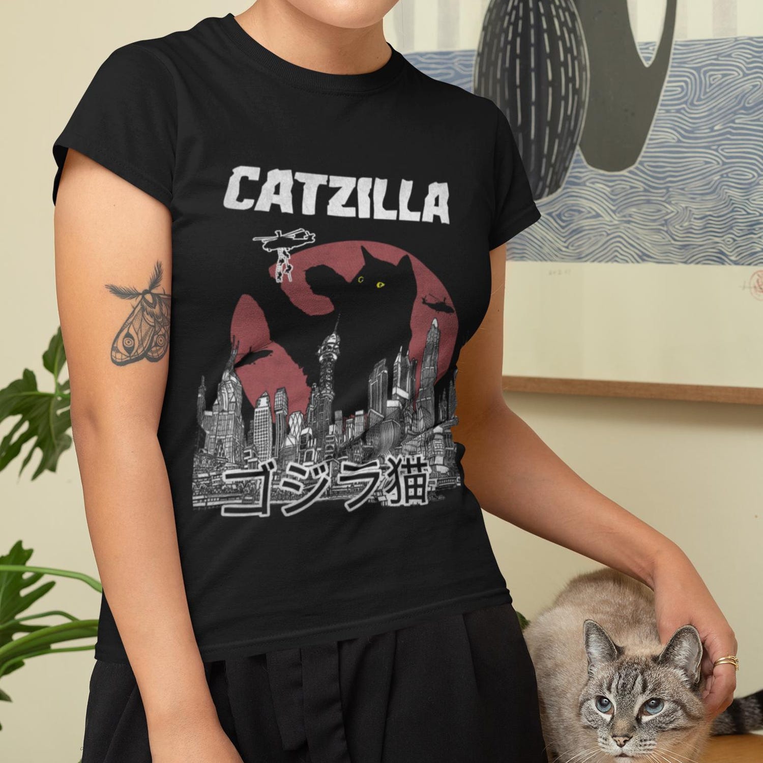 Catzilla Shirt, Funny Black Cat Meme Tee, Unisex Cat Lover Gift Shirt for Men & Women