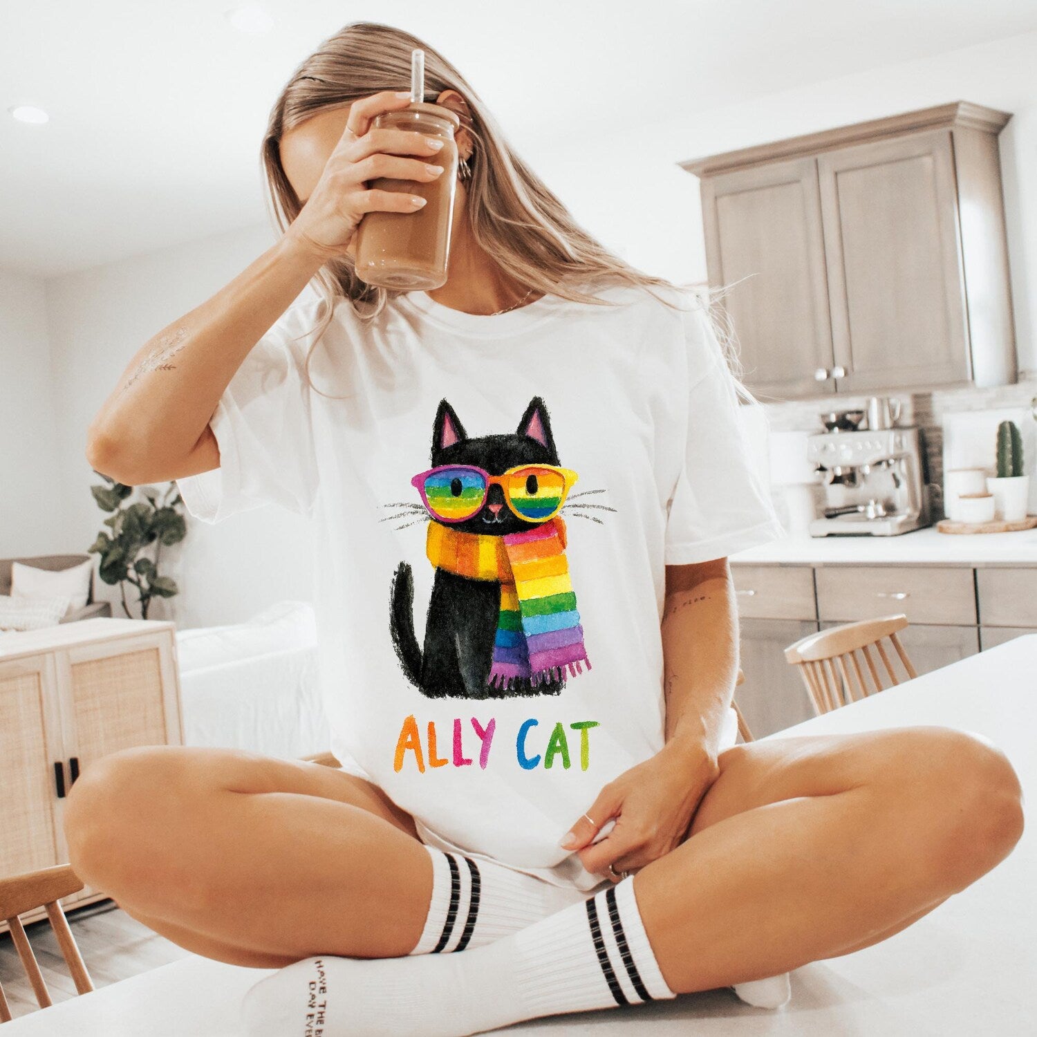 Rainbow Ally Cat T-Shirt: LGBTQ Pride, Cat Lover Gift