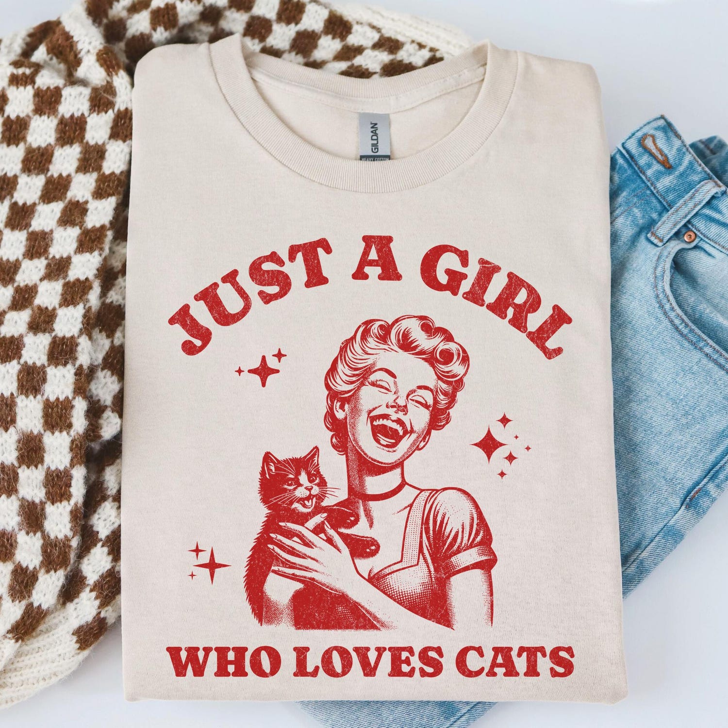 Just A Girl Who Loves Cats T Shirt, Retro Housewife Meme Tee, Vintage Graphic Shirt, Funny Sarcastic T-Shirt, Cat Mom Cat Shirt, Cat Lover