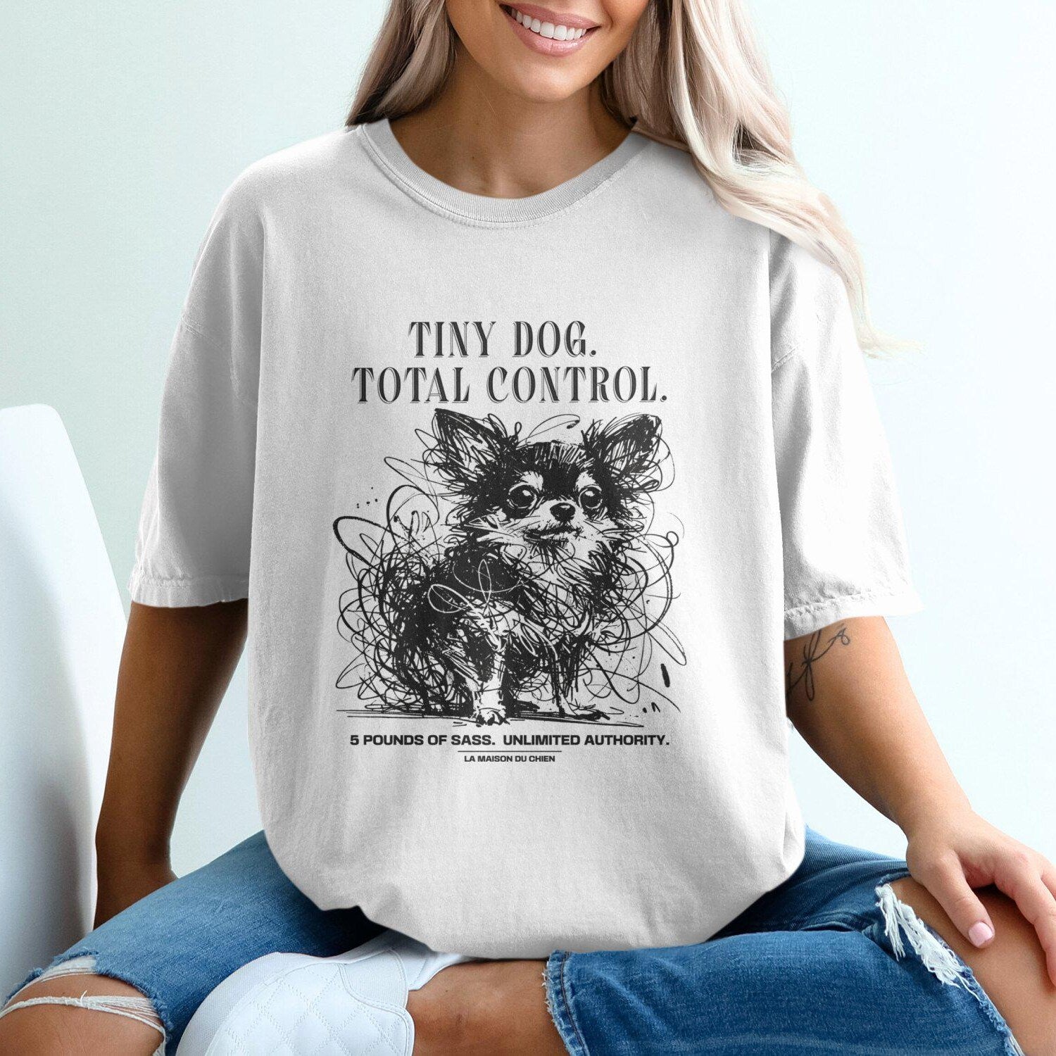 Comfort Colors Chihuahua Dog Mom T-Shirt, Tiny Dog Total Control Tee, Doodle Art Style, Funny Dog Shirt, Dog Lover Gift, Dog Gift for Her