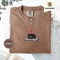 Black Cat and Book Embroidered Comfort Colors Tee, Gift for Readers, Kitten Reading Shirt, Crewneck Cozy Book Club T-Shirts for Fall Gifts