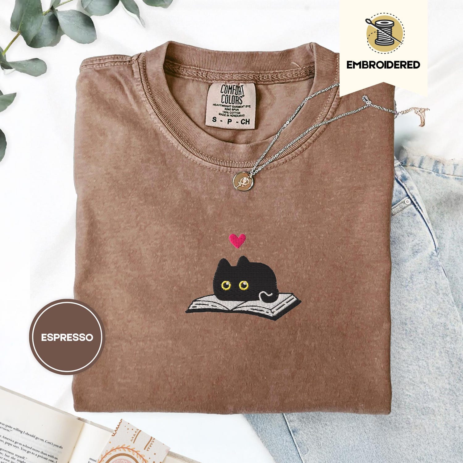 Black Cat and Book Embroidered Comfort Colors Tee, Gift for Readers, Kitten Reading Shirt, Crewneck Cozy Book Club T-Shirts for Fall Gifts