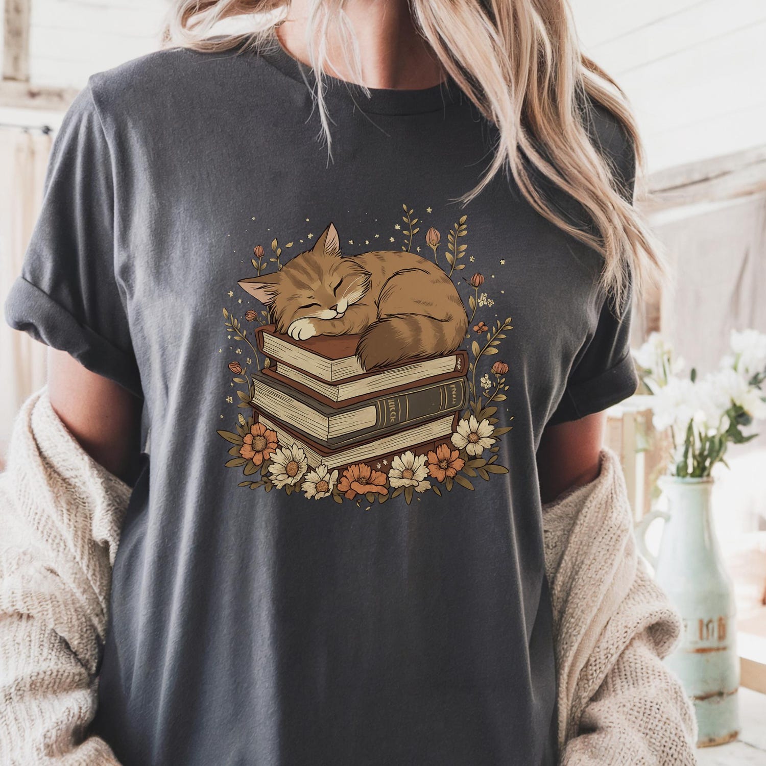 Cozy Cat Lover T-Shirt, Book Lover Gift, Cute Cat Tee, Floral Cat Shirt, Unisex Animal T-Shirt, Perfect for Bookworms, Gift for Cat Lover