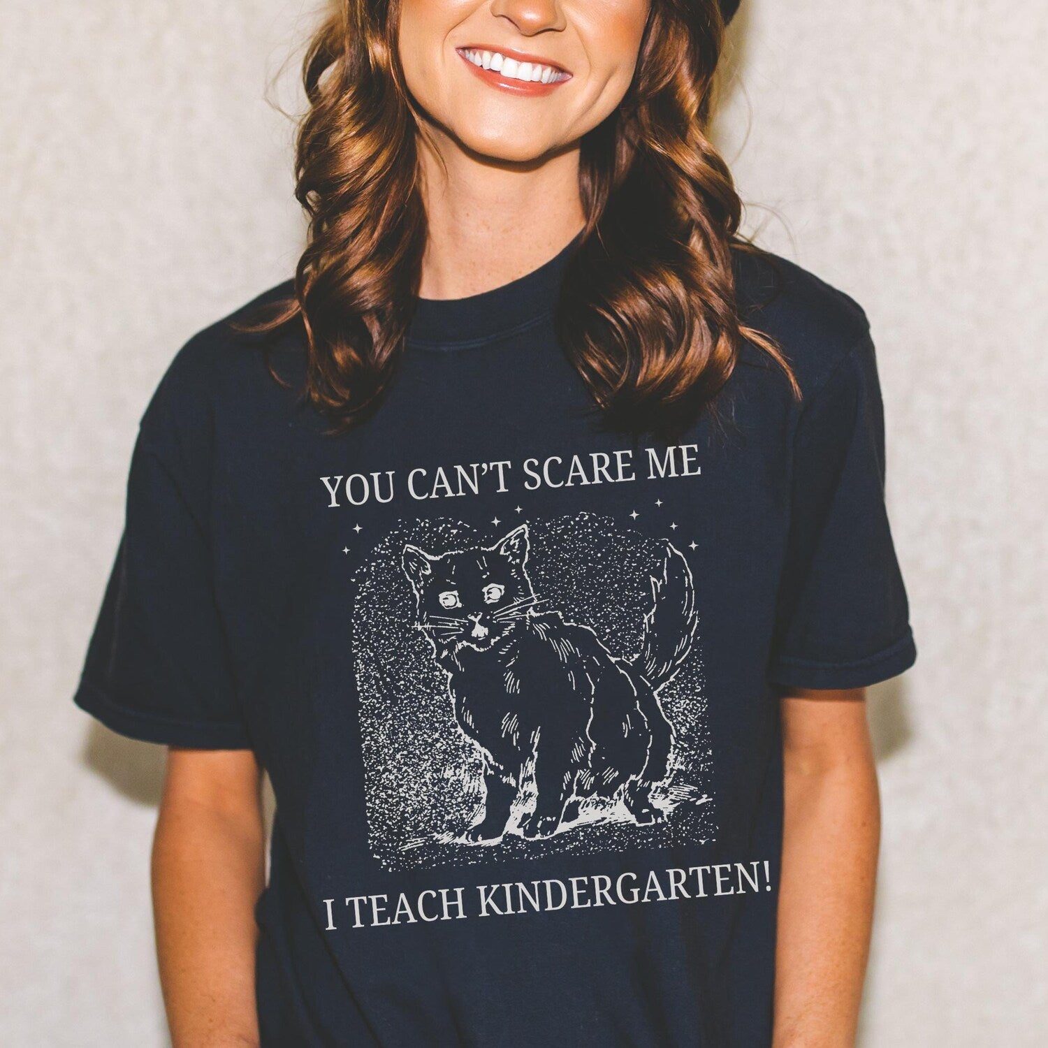Kindergarten Teacher Halloween Tee Shirt with Cat, Funny Saying Cat Lover T-Shirt for Cat Mom Who Teaches Kindergarten, Teacher Team Shirt